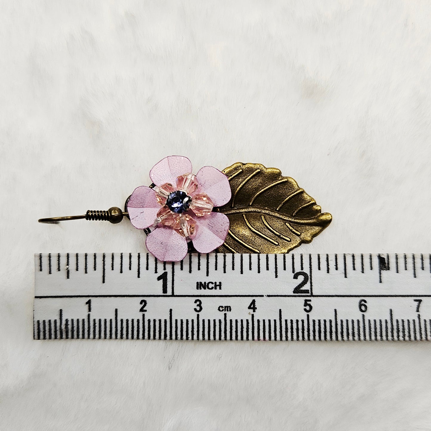 Brass Leaf Earrings with Light Pink Flowers