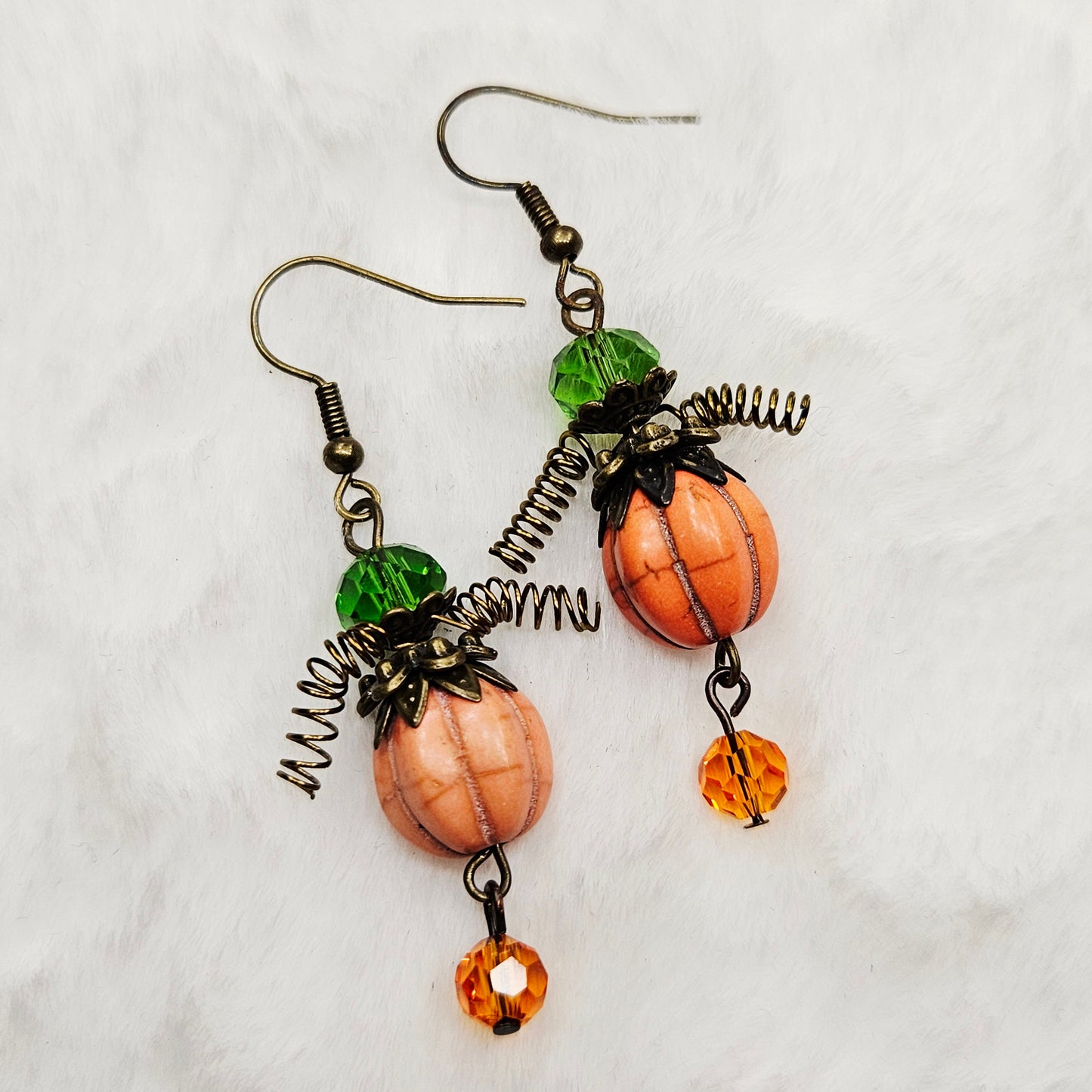 Orange Pumpkin Men Earrings with Round Crystal Dangles