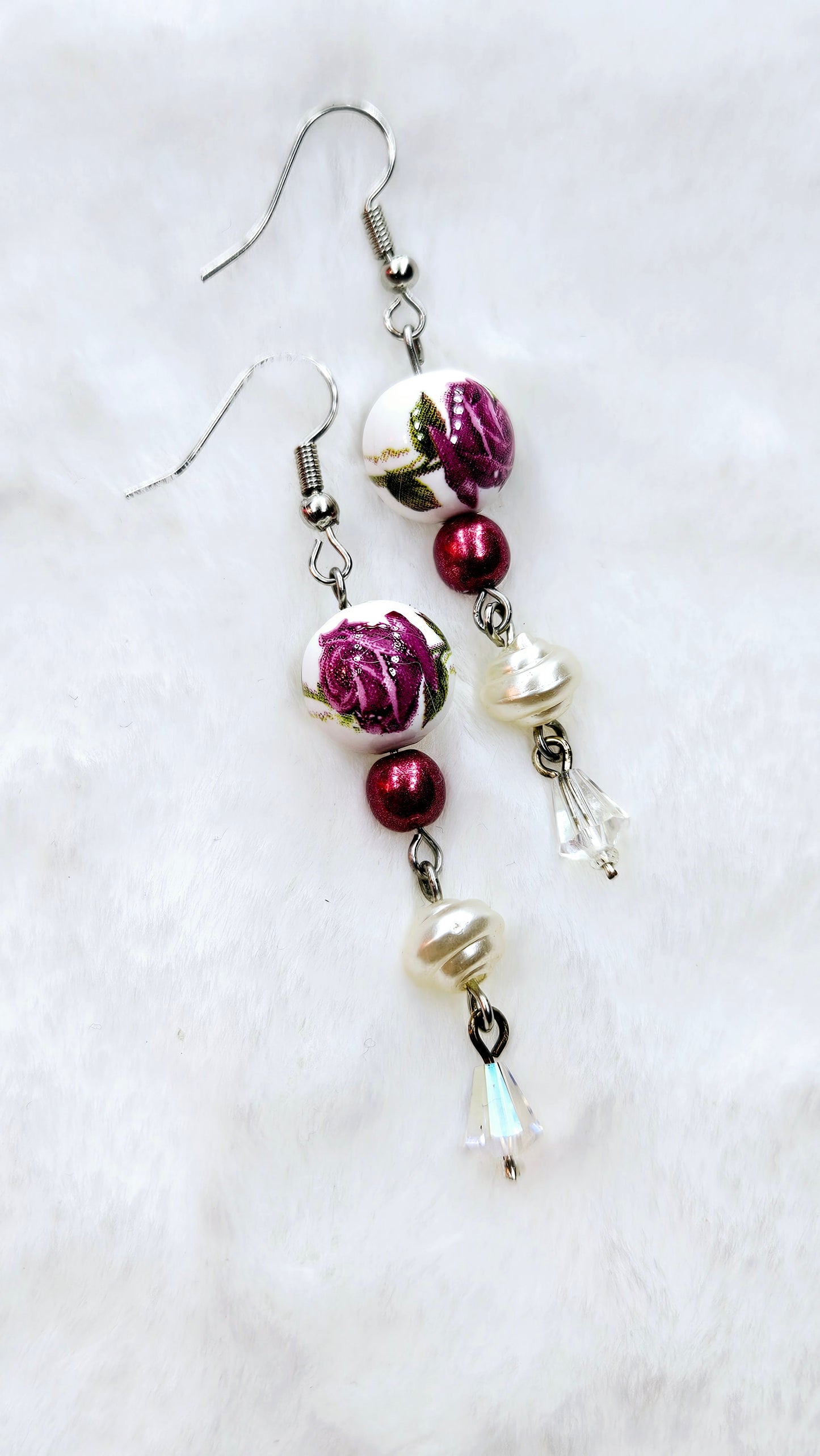 Merlot Roses & Swirling Pearls with Crystal on Silver Dangle Earrings