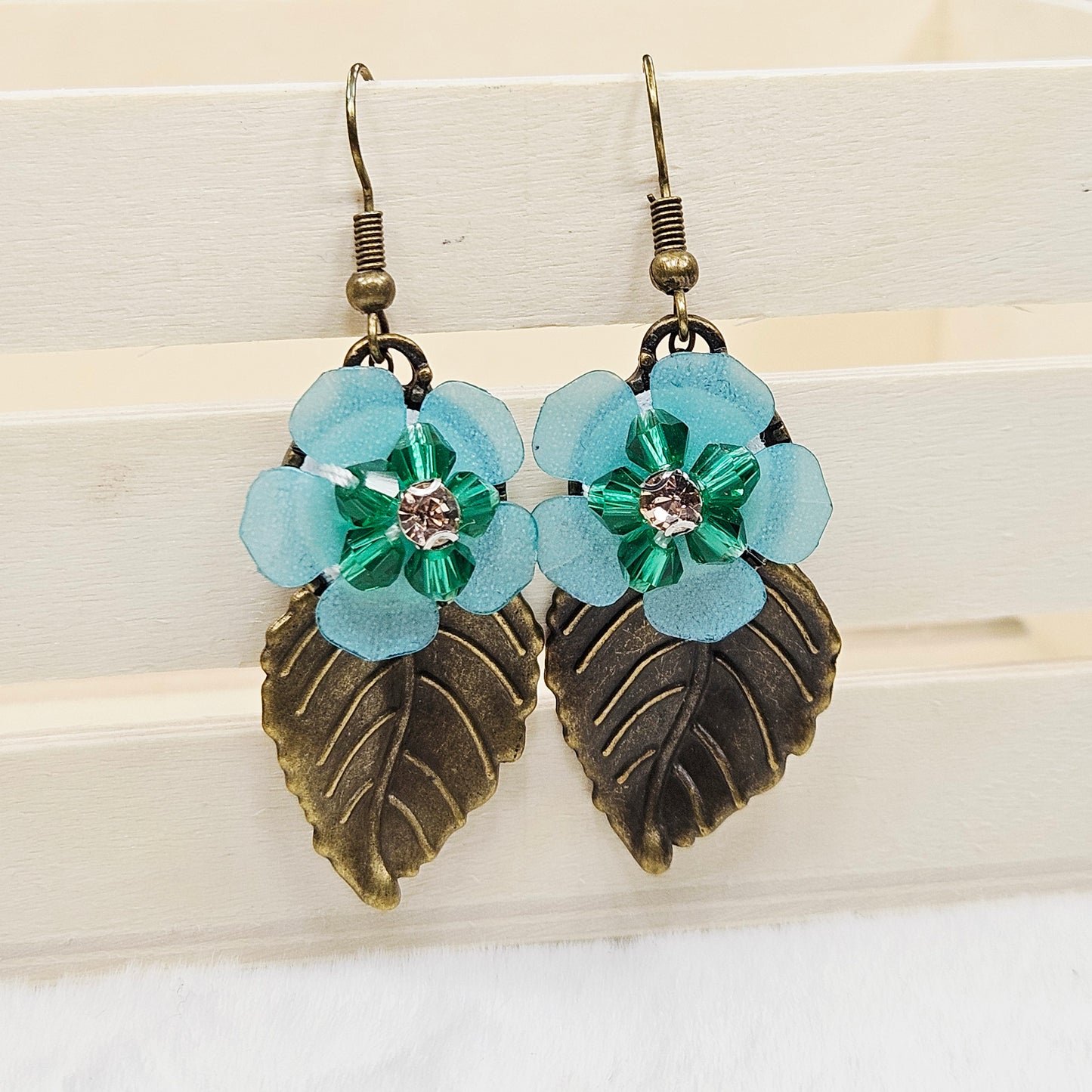 Brass Leaf Earrings with Teal Flowers