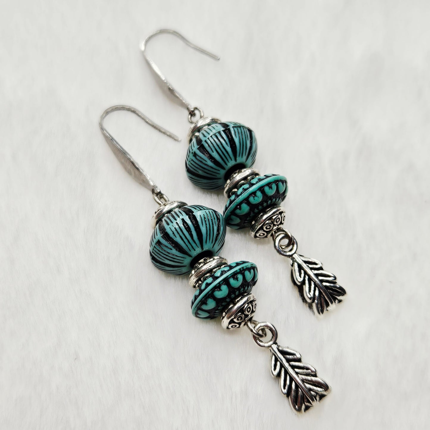 Western Style Vintage Turquoise and Silver Dangle Earrings with Feather Charms