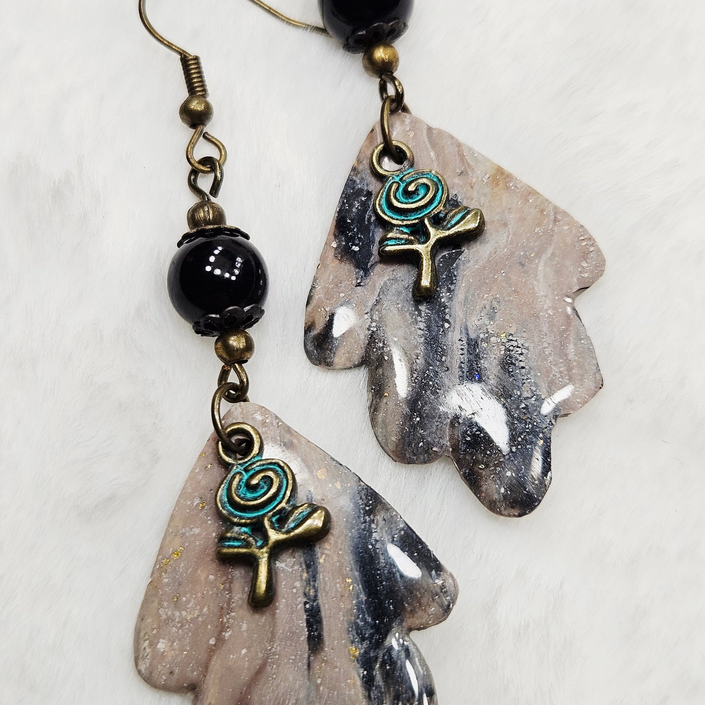 Black and Brown Gold Flake Marble Polymer Clay Earrings with Rose Charm
