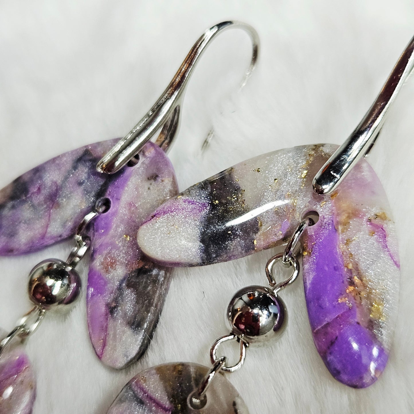 Purple Polymer Clay Marble Dangle Earrings in Silver