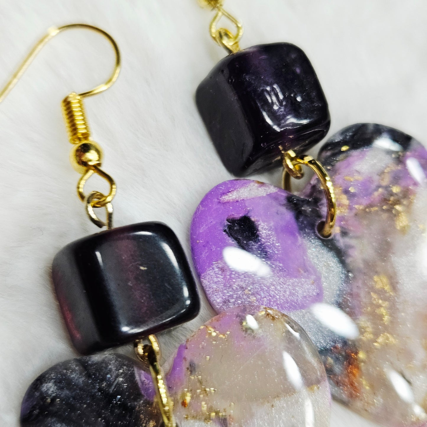 Purple Polymer Clay Marble Heart Dangle Earrings with Dark Purple Cubes in Gold