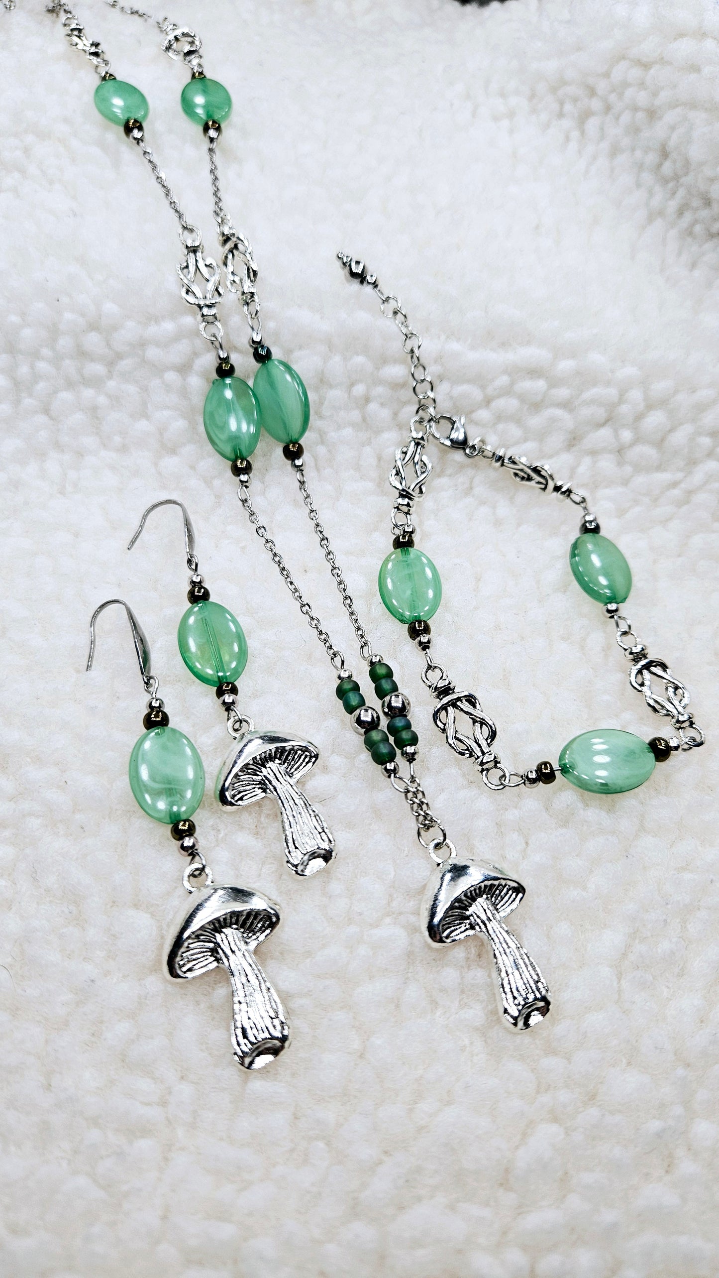Jiggish Jade Mushrooms Set - Large Silver Mushroom Pendant Necklace, Matching Mushroom Charm Earrings & Bracelet