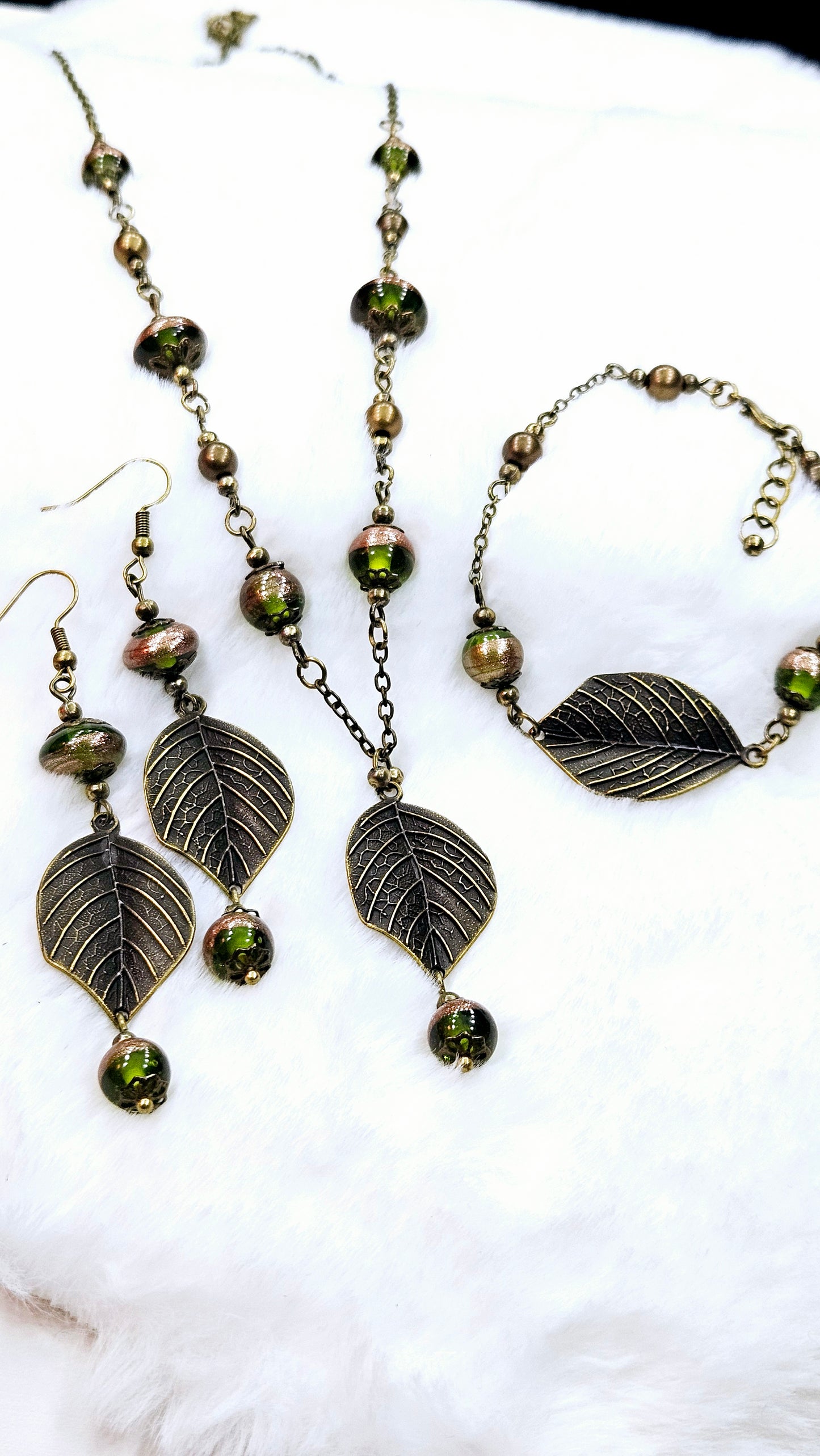 Lush & Lively Leaves Set: Brass Leaf Pendant Necklace, Bracelet & Earrings with Bright Green Copper Glitter Brushed Glass Beads