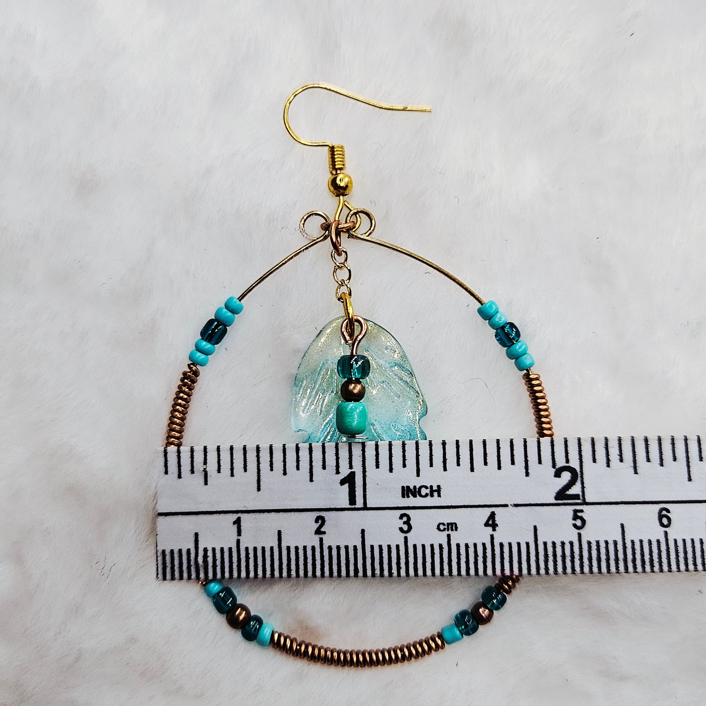 Boho Gold & Copper Wire Wrapped Hoops with Teal Blue Feathers and Seed Beads