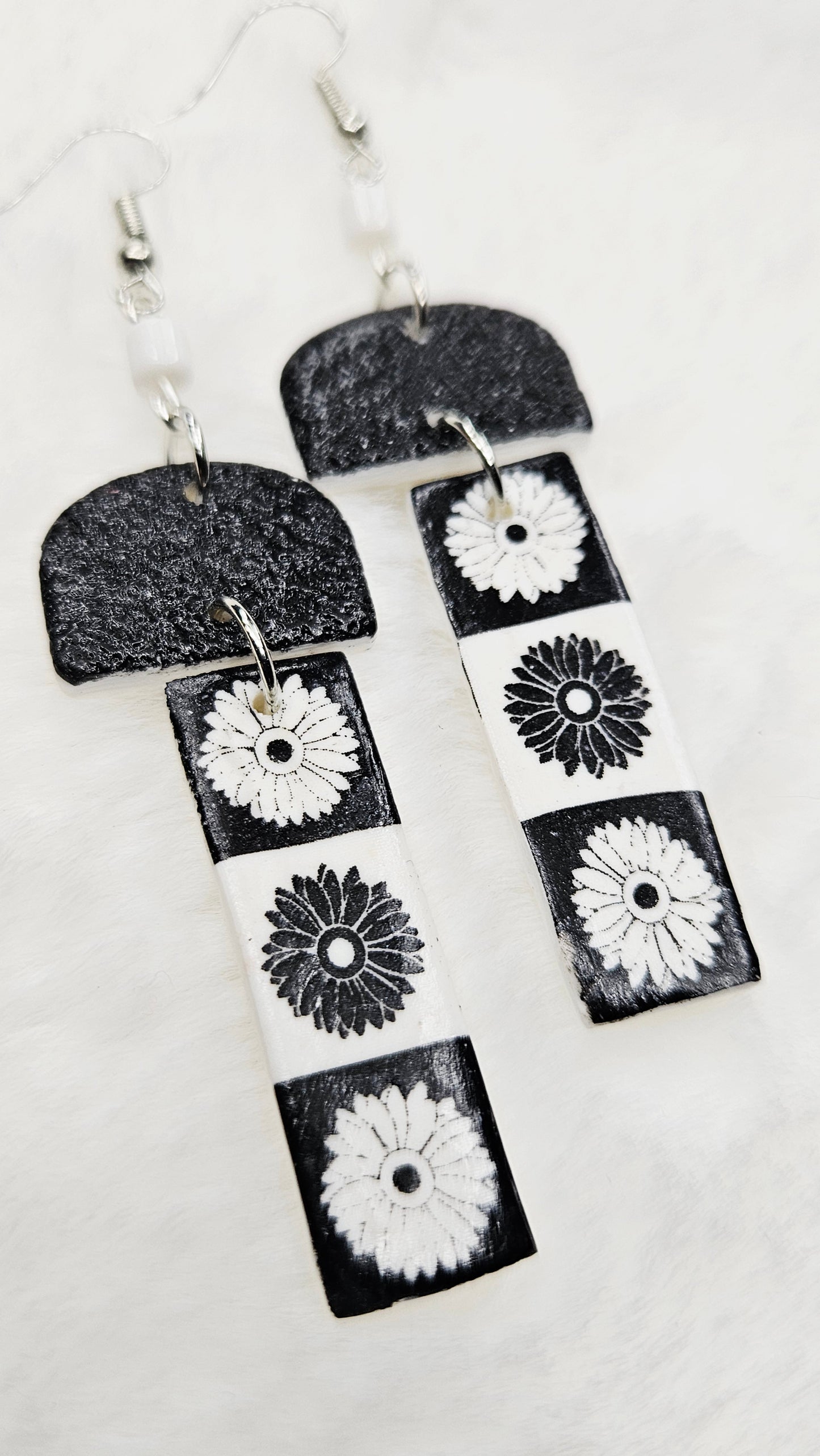 Monochrome Floral Print Clay Earrings with Black or White Arches - 3"