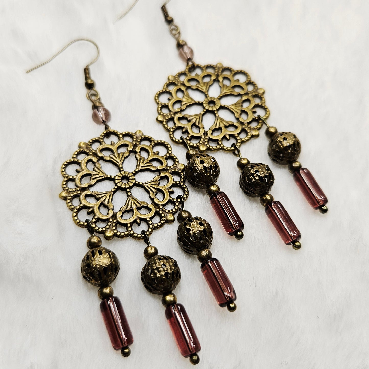 Round Antique Brass Tibetan Filigree Rhombus Chandelier Earrings with Smokey Purple Dangles