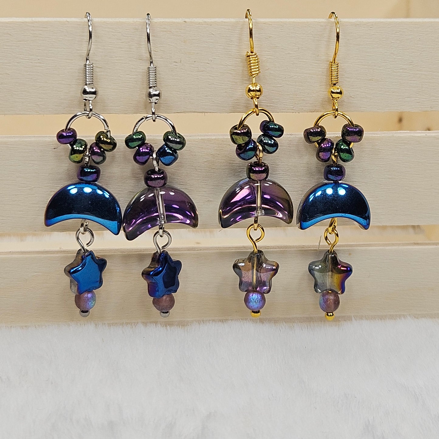 Magical Metallic Blue and Purple Moons and Stars Earrings in Silver or Gold