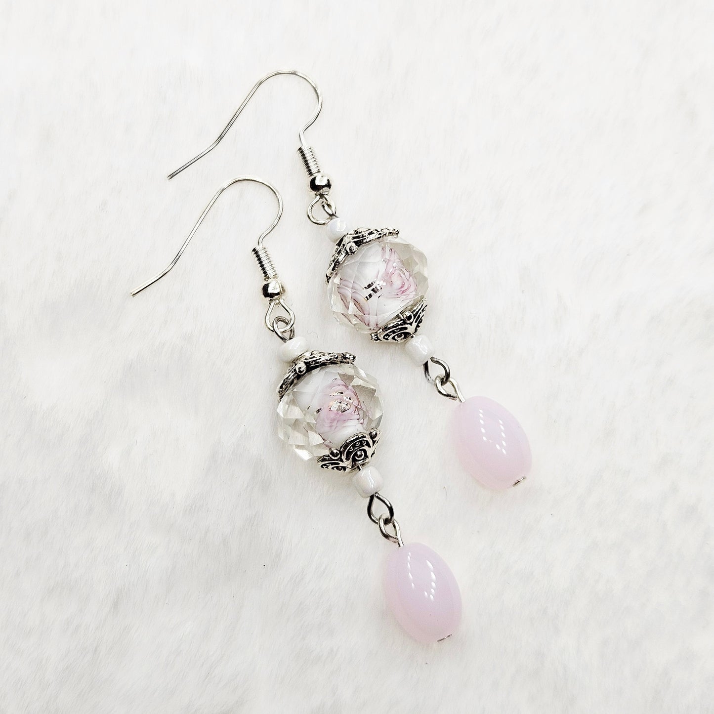 Hidden Flower Crystal Dangle Earrings with Light Pink Oval Glass and Silver Flower Caps - 2¼"