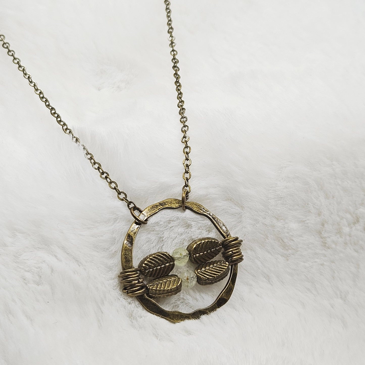 Simple Rustic Prehnite Crystal and Leaf Pendant Necklace