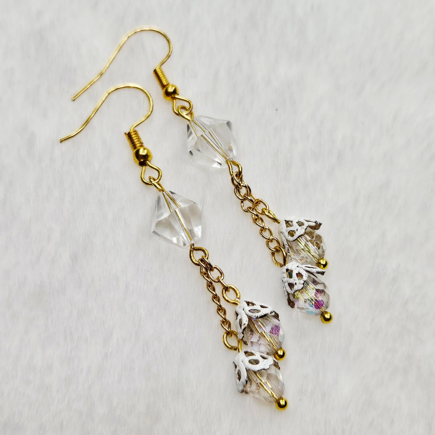 Iridescent Crystal Teardrop Drop Chain Dangle Earrings with White Filigree Bell Caps - 2¾"