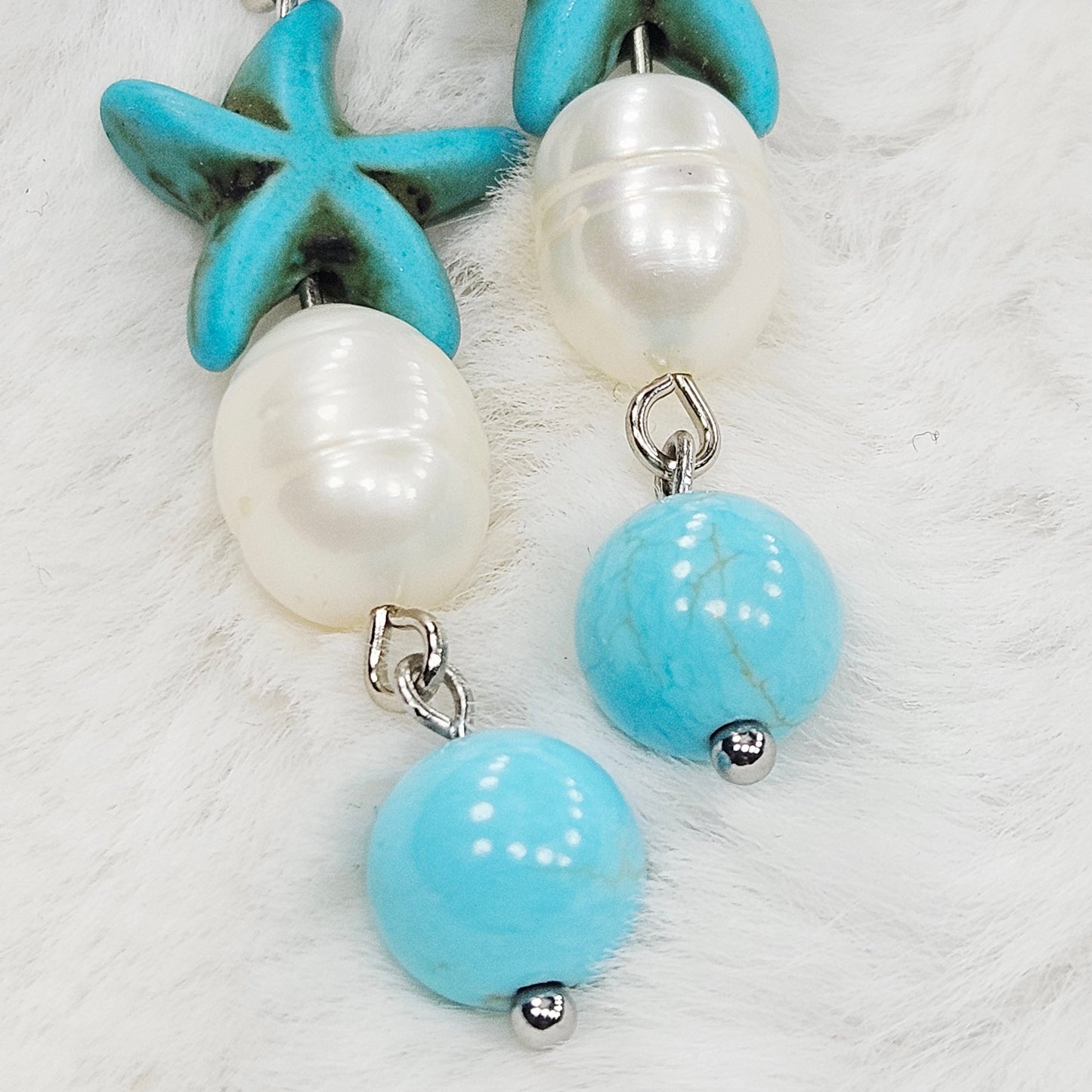 Turquoise Starfish Mother of Pearl Shell and Freshwater Pearl Earrings