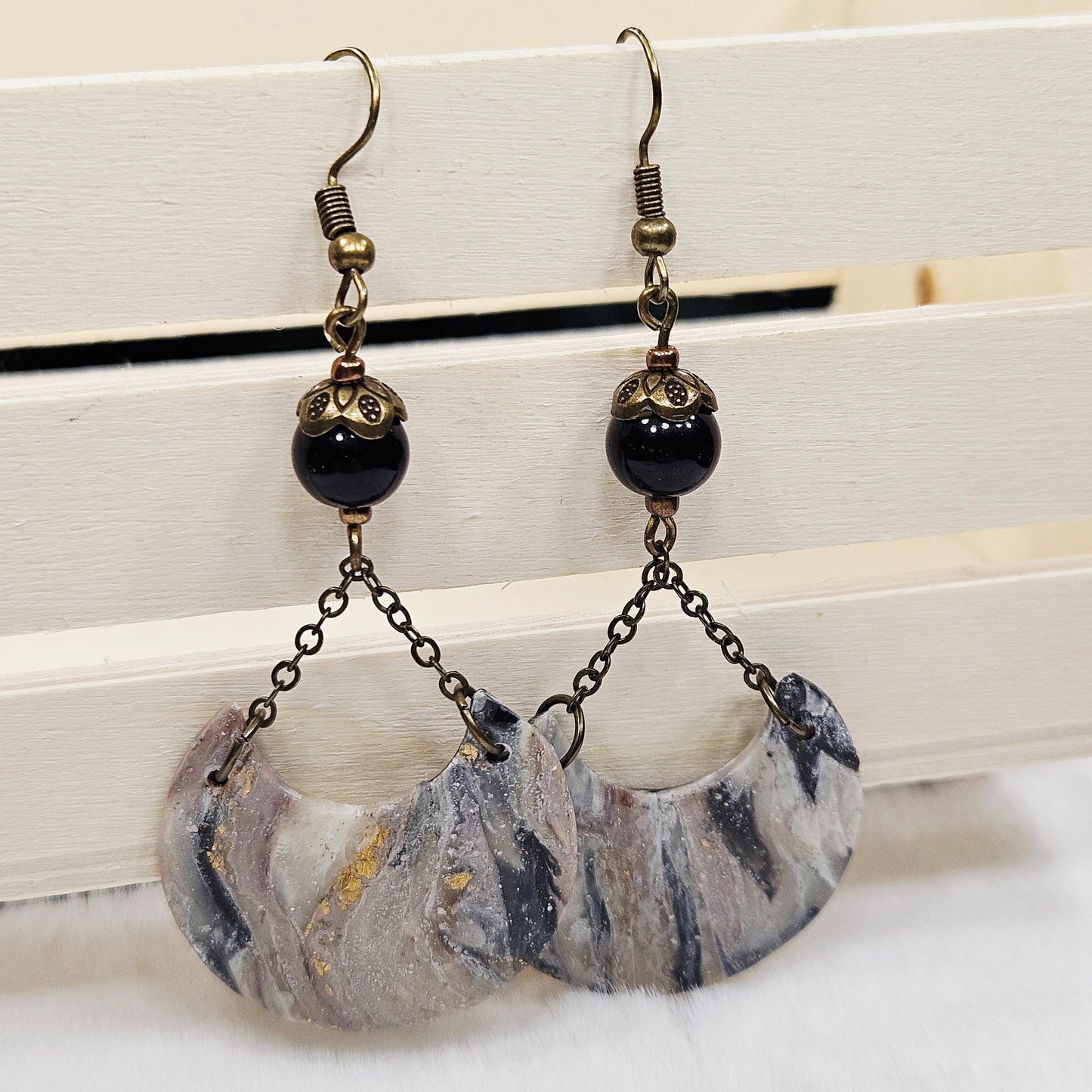 Black and Brown Gold Flake Marble Polymer Clay Crescent Earrings