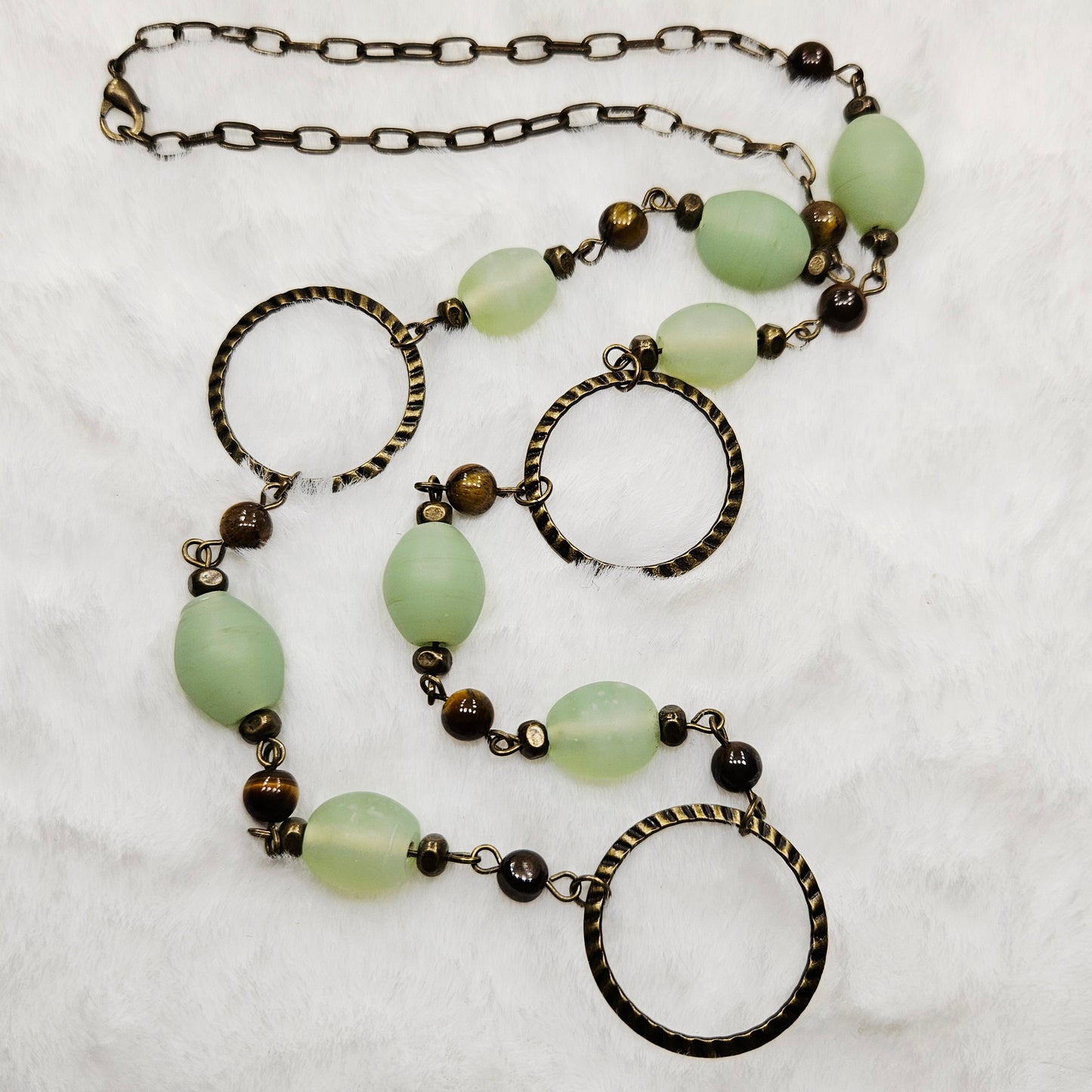 Tigers Eye and Green Frosted Glass Necklace in Antiqued Brass