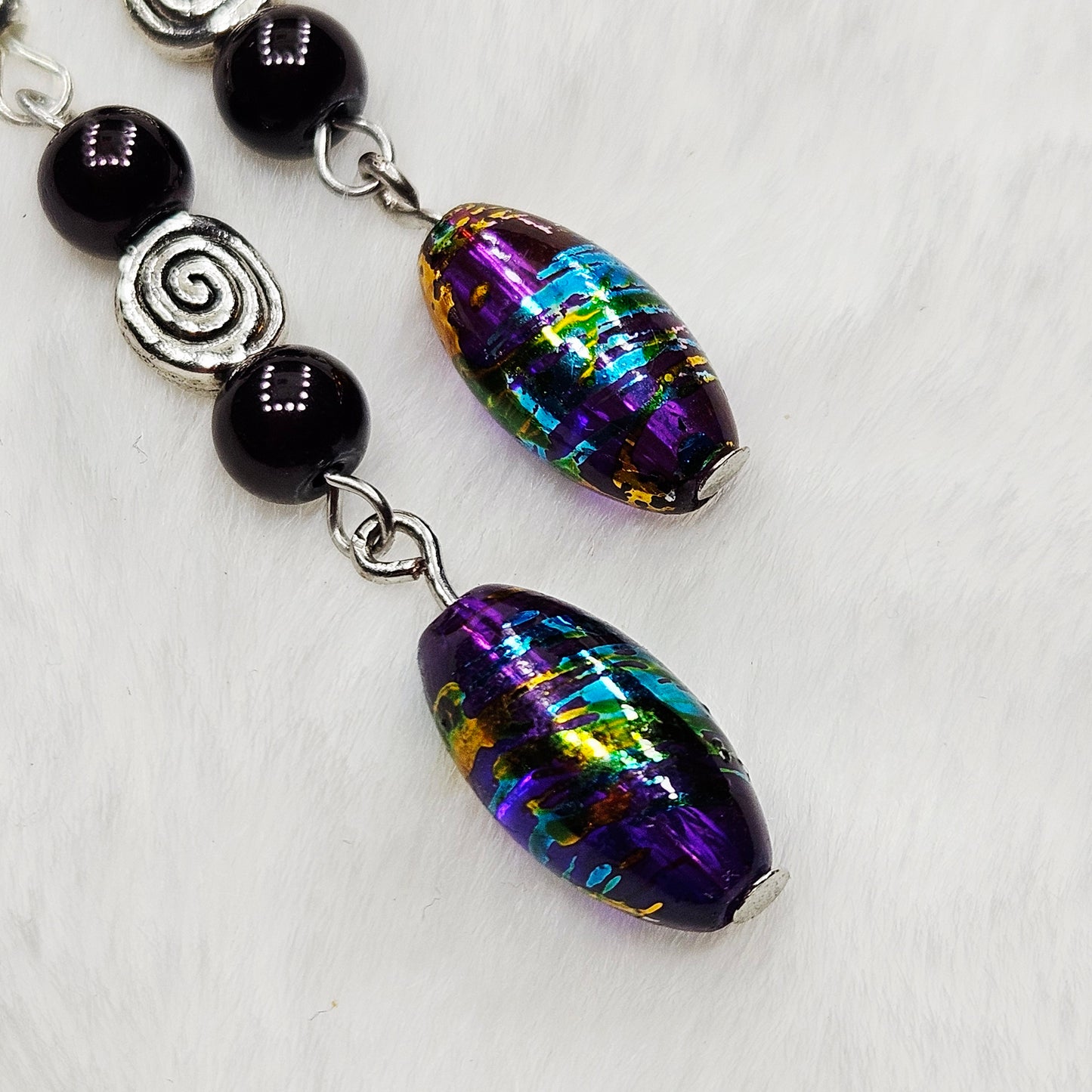 Multicolored Metallic Dangle Earrings with Silver Swirls - 2½"