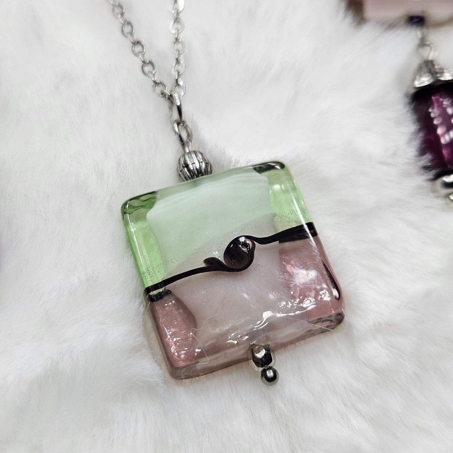 Fun and Funky Green and Purple Square Glass Pendant Necklace and Earrings Set on Silver - 28"/2¾"