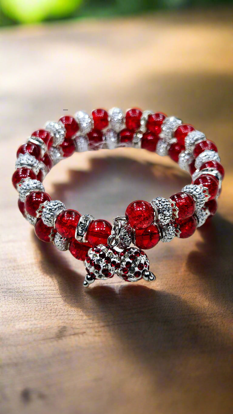 Red Crushed Glass & Gemstones Silver Wrap Bracelet