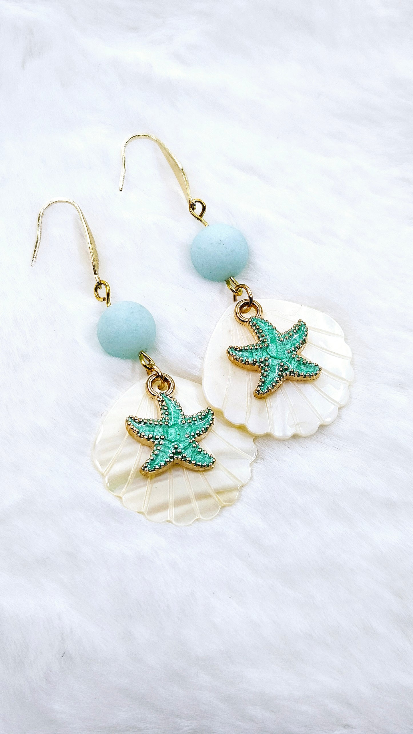 Light Blue Frosted Glass Earrings with Pearlescent Clam Shells and Teal Blue Starfish Charm Dangles - 2½"