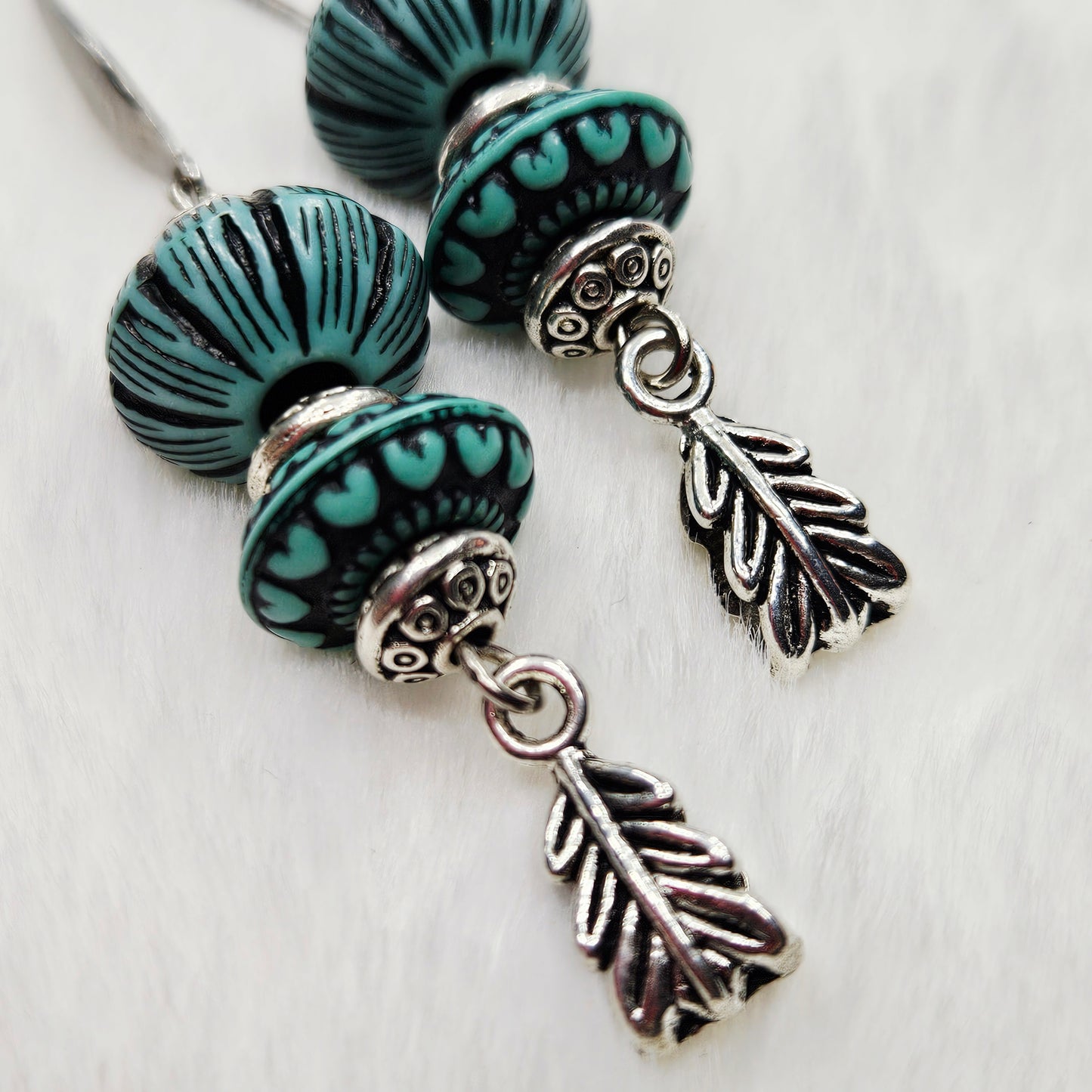 Western Style Vintage Turquoise and Silver Dangle Earrings with Feather Charms