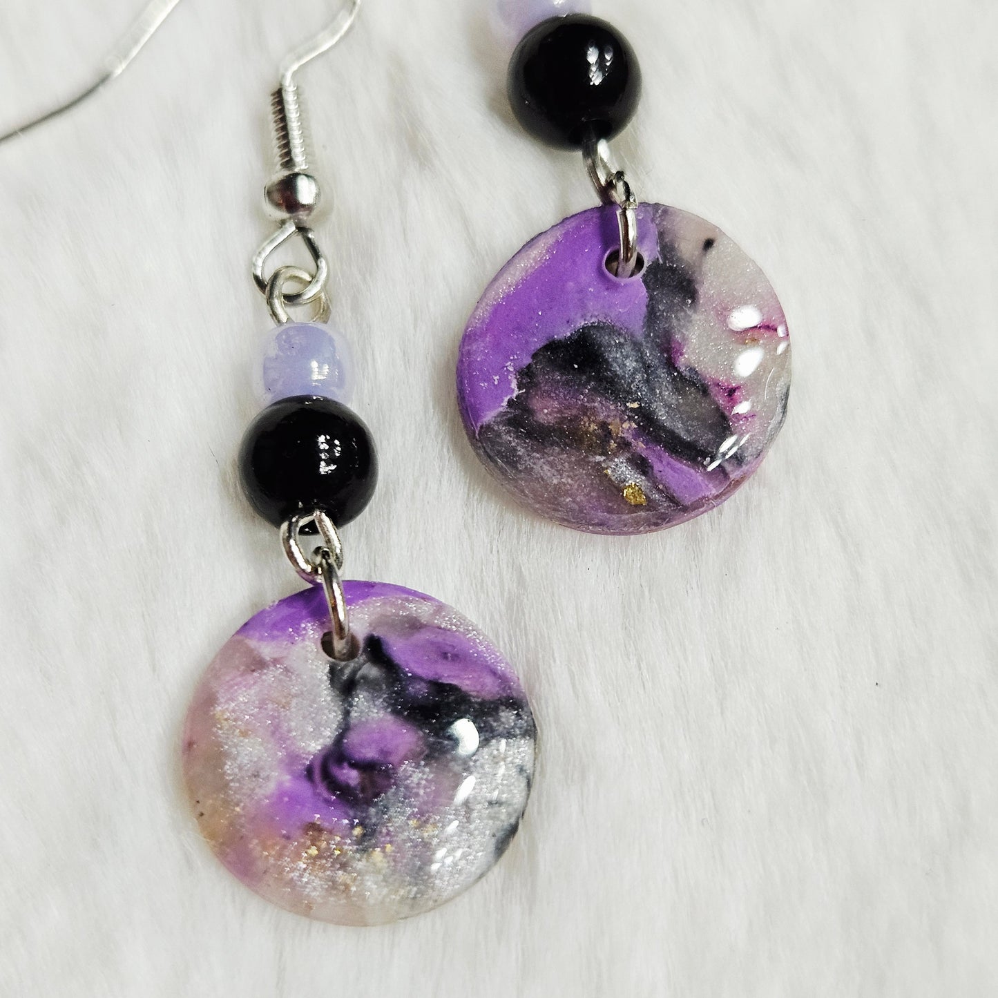 Purple Polymer Clay Marble Danngle Earrings with Black & Light Purple Beads in Silver