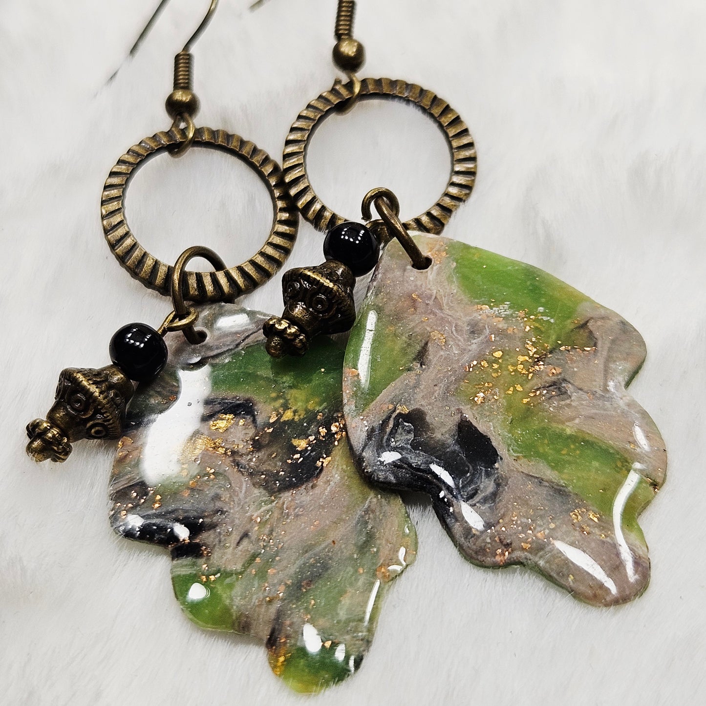 Lime Green Camouflage Leaf Polymer Clay Earrings with Antiqued Brass Hoops