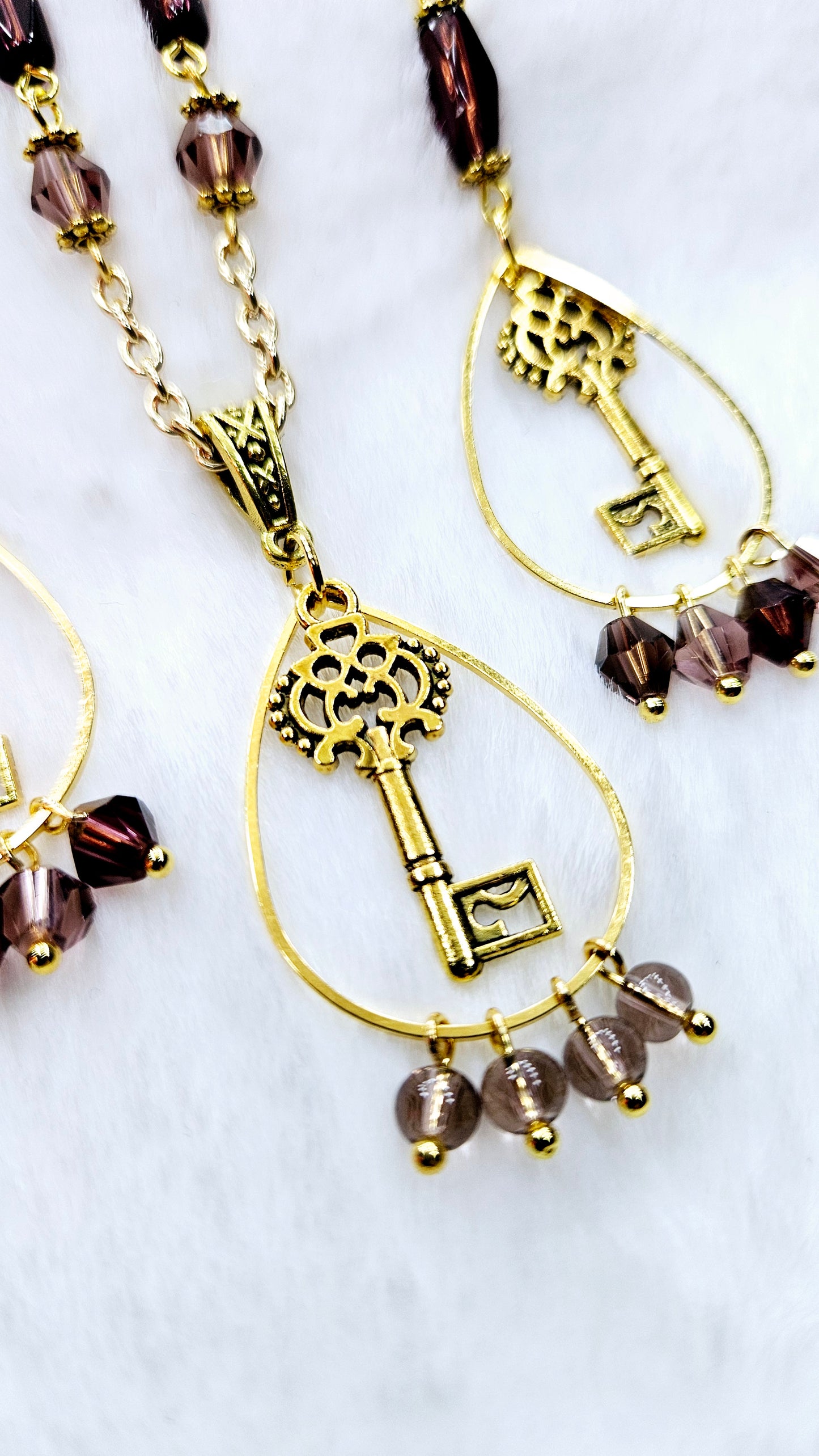Stoic Skeleton Key Set: Golden Skeleton Keys Framed with a Beaded Teardrop & Deep Purple Glass Beads Matching Necklace & Earrings