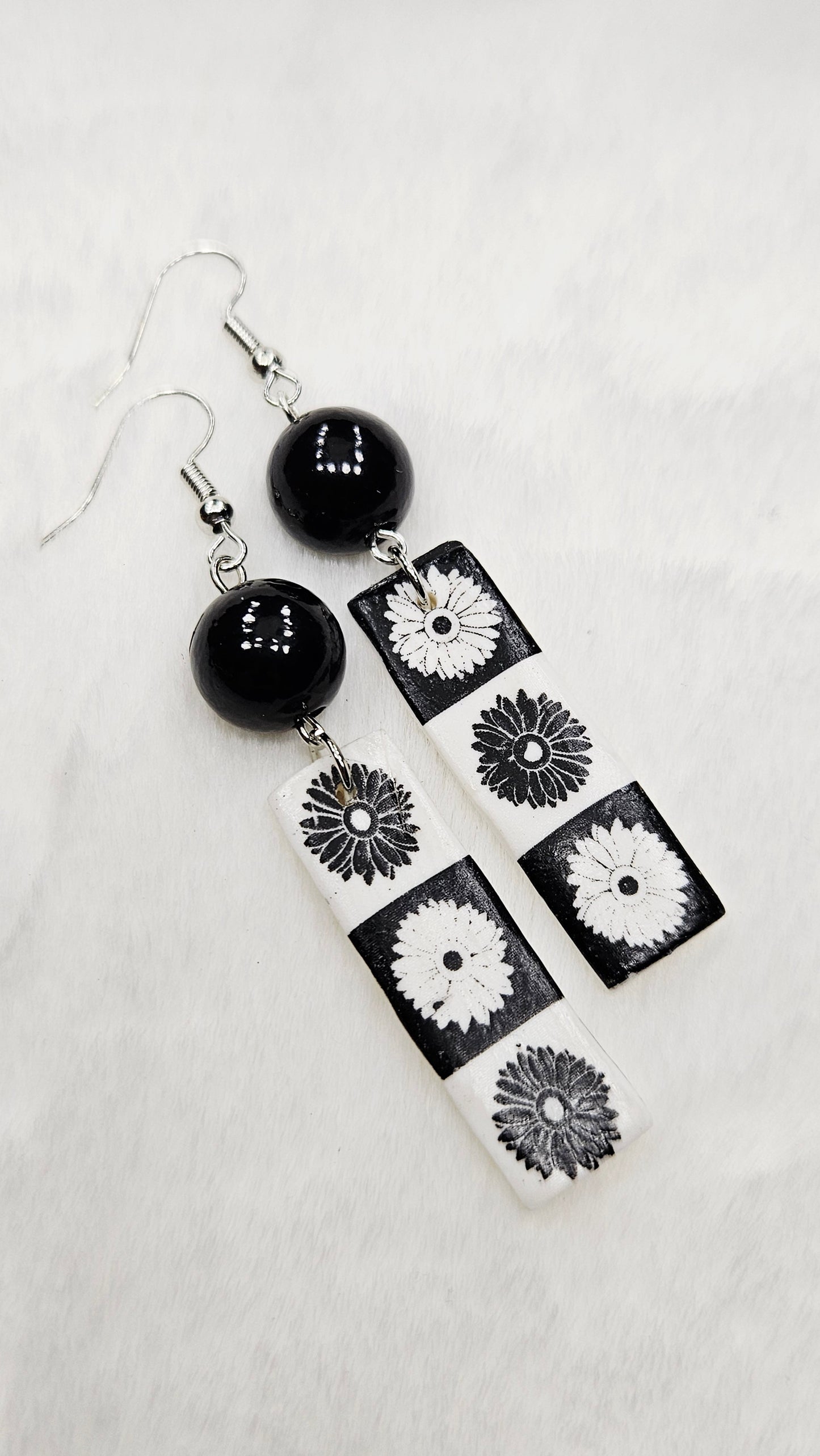 Monochrome Floral Clay Bar Dangle Earrings