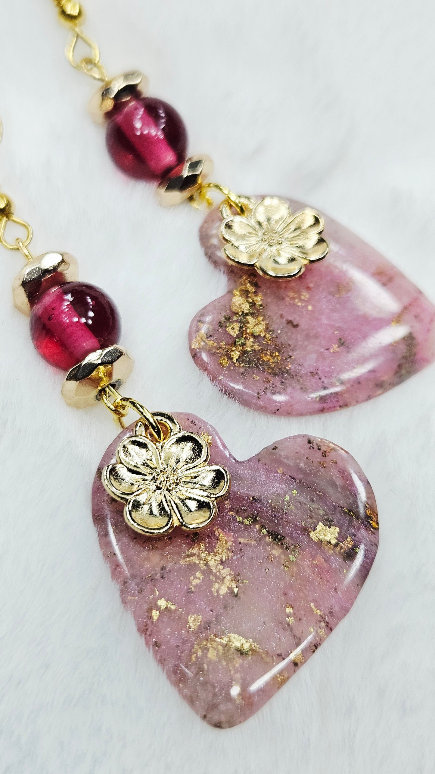 Pink Passion Marbled Clay Hearts with Gold Fleck, Golden Flower Charm and Dark Pink Glass Dangle Earrings - 2½"