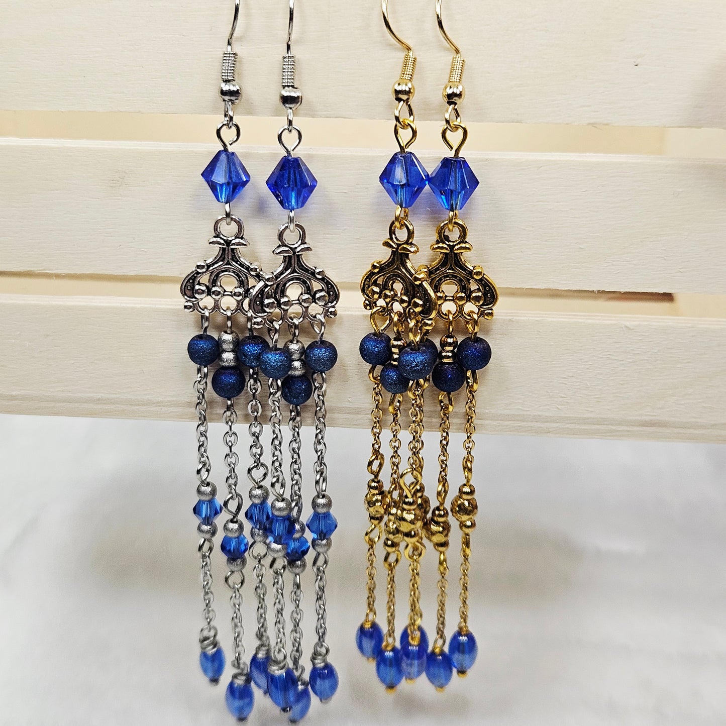 Long Blue Crystal Micro Chandelier Earrings in Silver or Gold