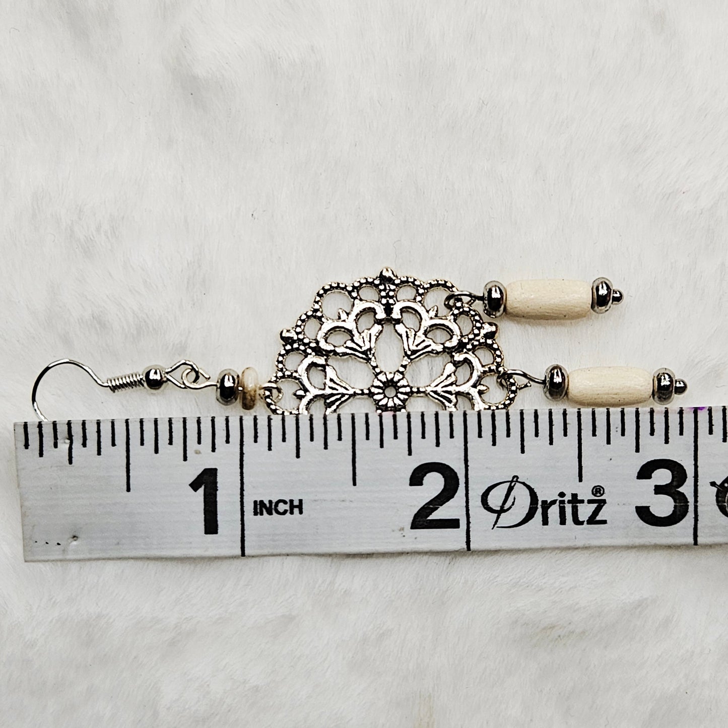 Round Antique Silver Tibetan Filigree Rhombus Chandelier Earrings with White Dangles
