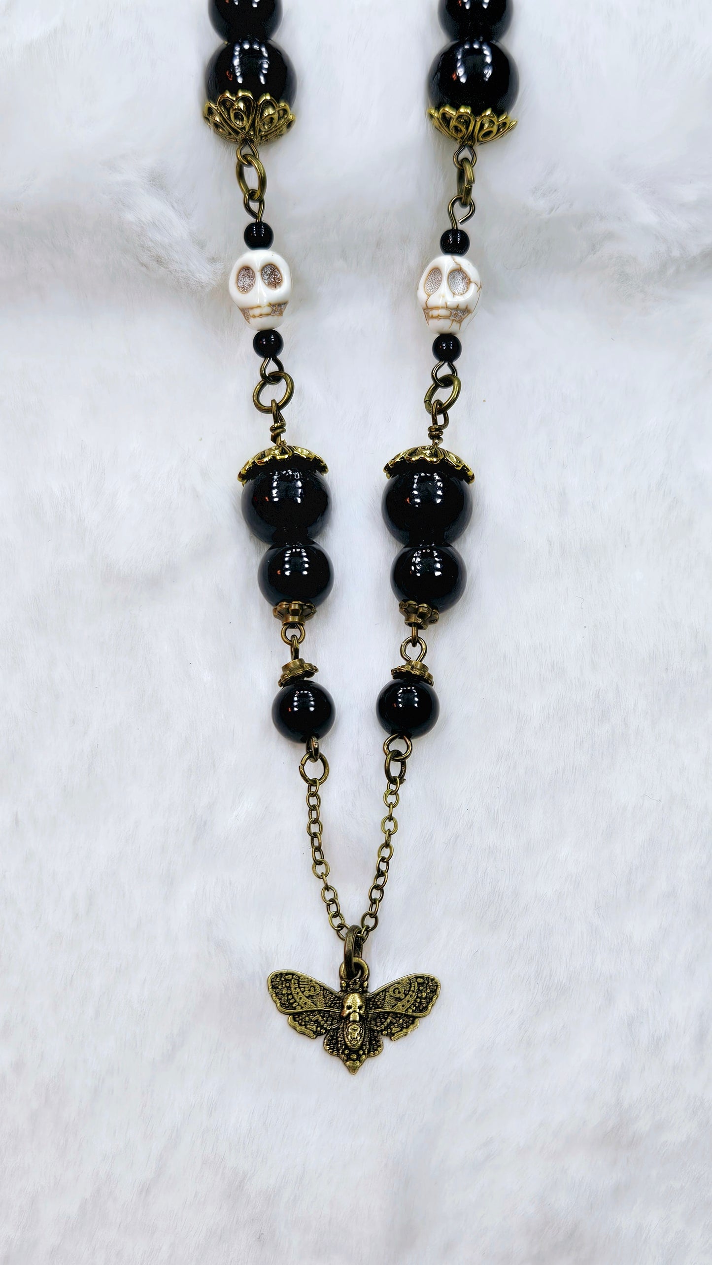 Macabre Moth & Skull Set: Brass Death Moth Pendant Necklace with Howlite Skulls & Matching Earrings
