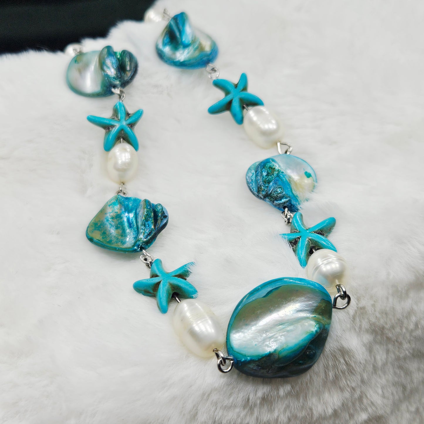 Turquoise Starfish Mother of Pearl Shells and Freshwater Pearl Necklace
