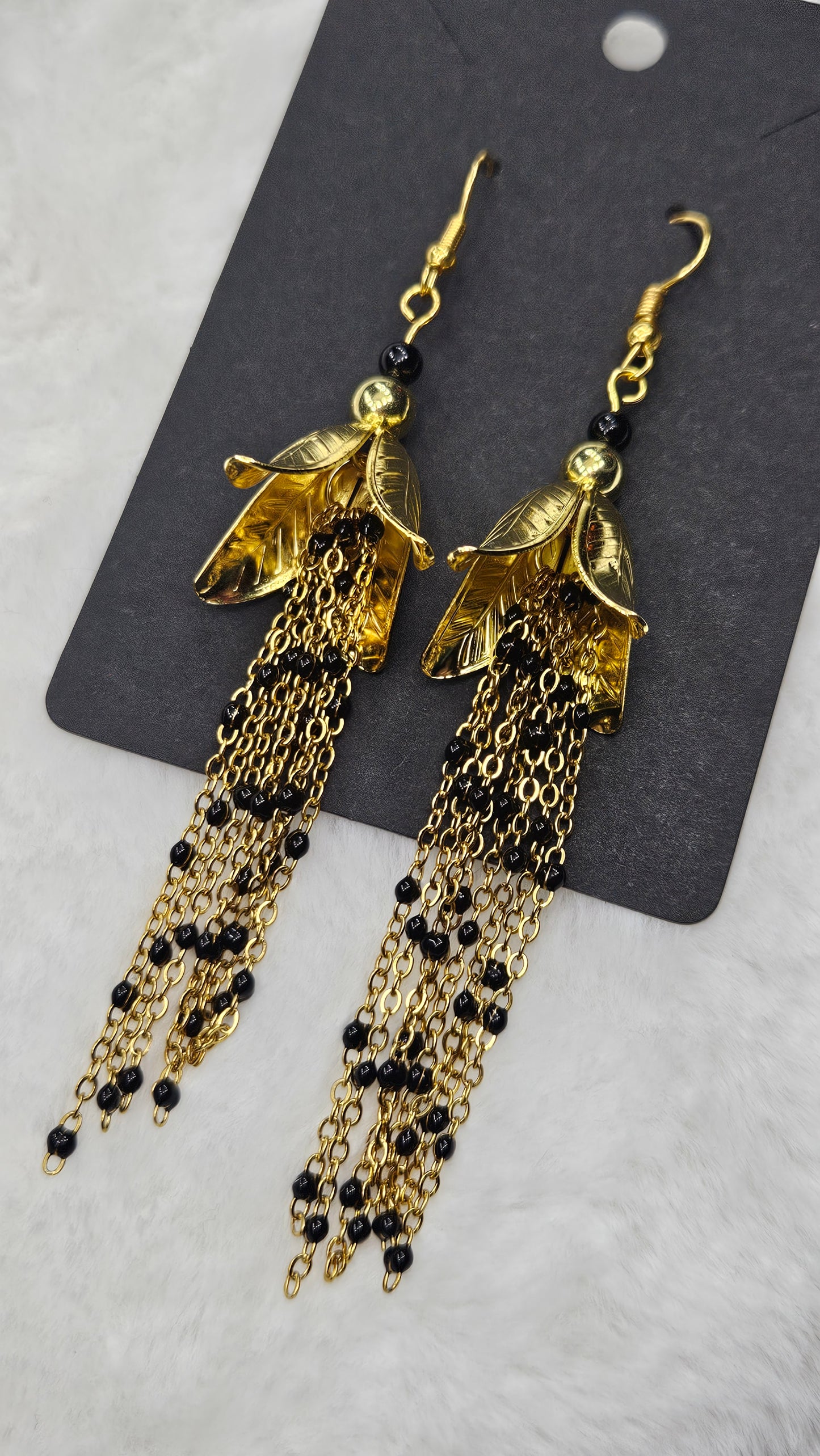 Golden Leaf Blossom Earrings with Long Gold & Black Chain Tassels