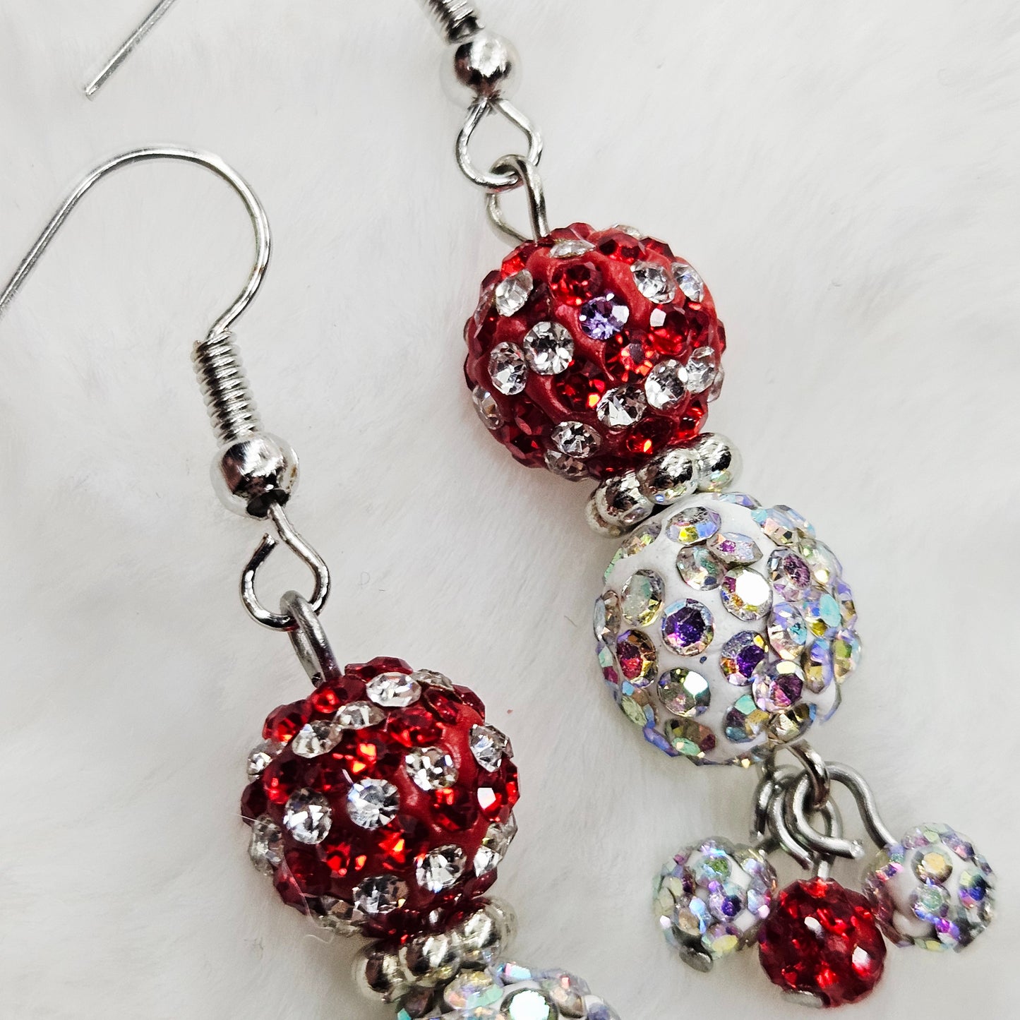 Super Sparkly Red and White Rhinestone Disco Ball Earrings with White or Red Studs