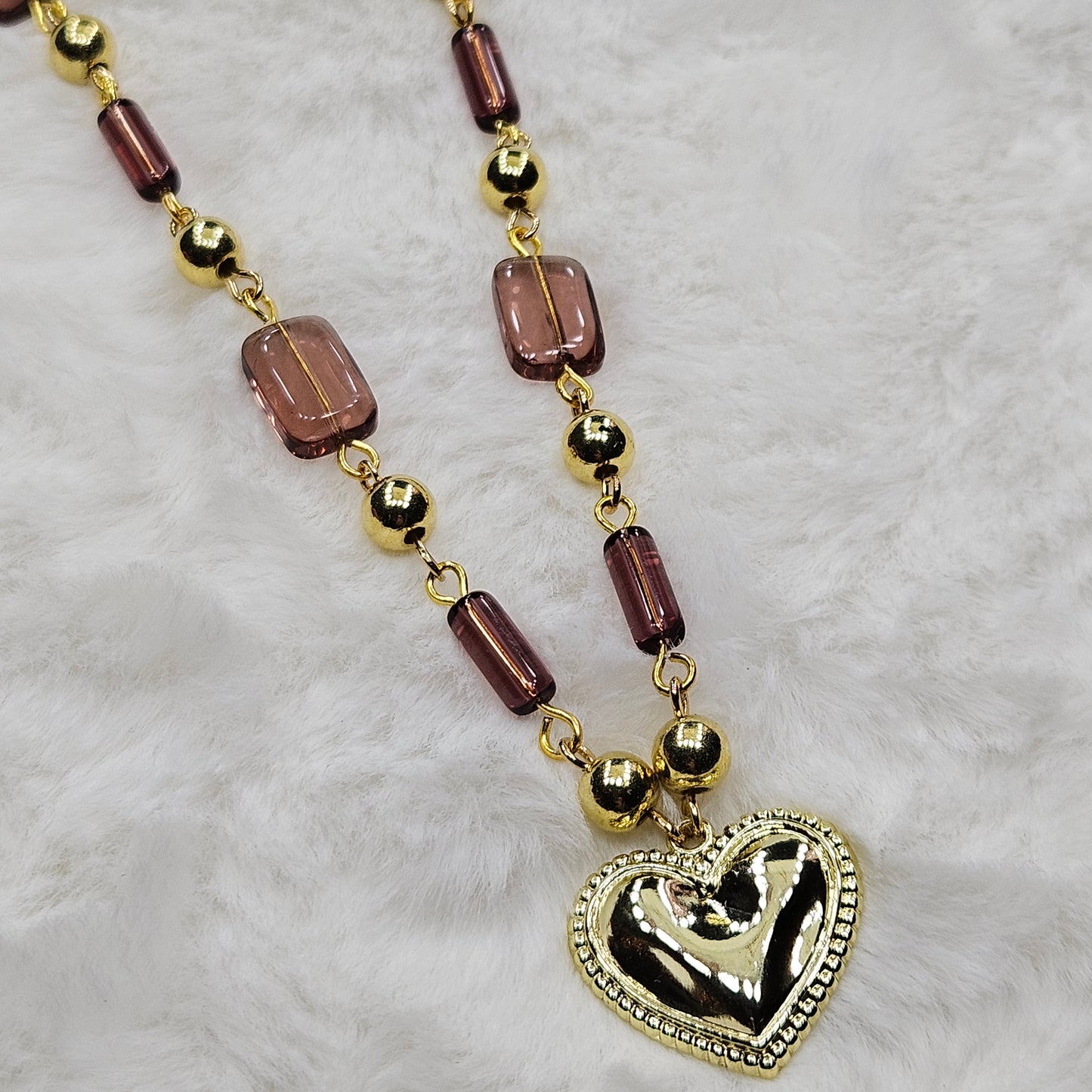 Gold Heart Pendant Necklace with Dark Mauve Glass Beaded Chain