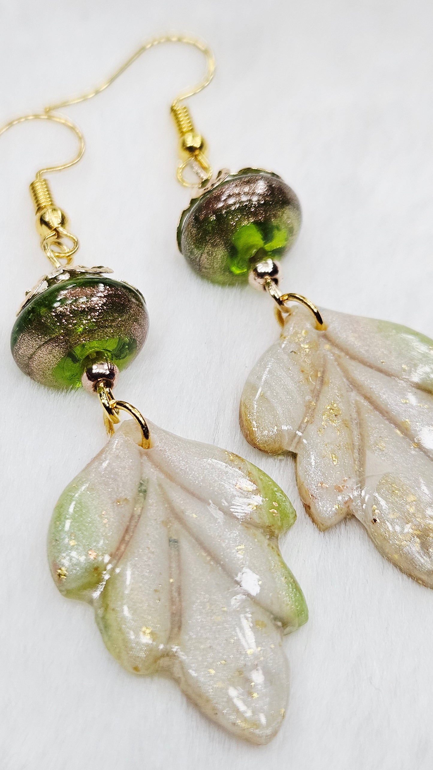 Marbled Green & Gold Fleck Clay Leaves with Copper Brushed Green Glass Dangle Earrings