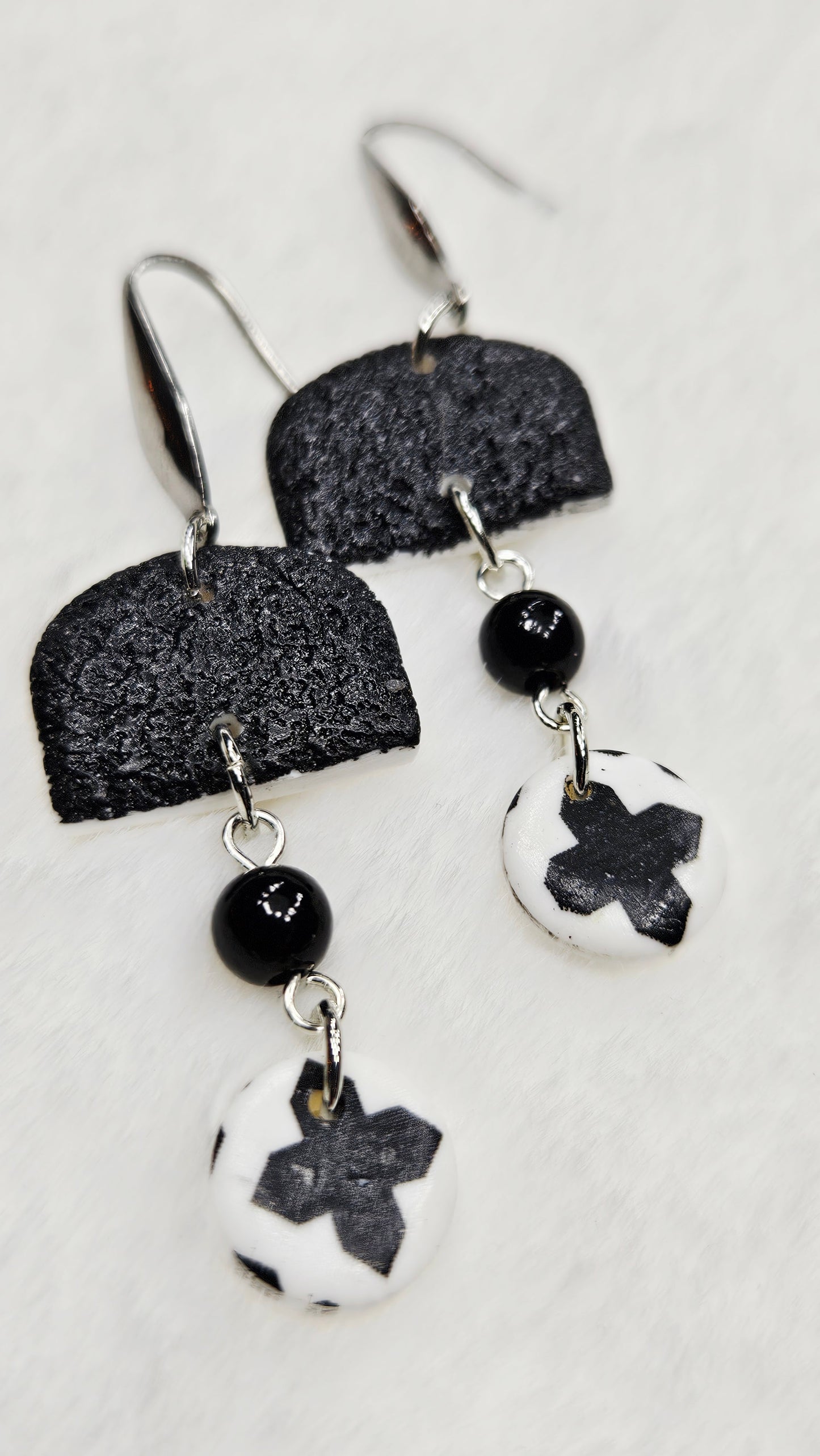 Monochrome Clay Cross Print Button Dangle Earrings with Black or White Arches