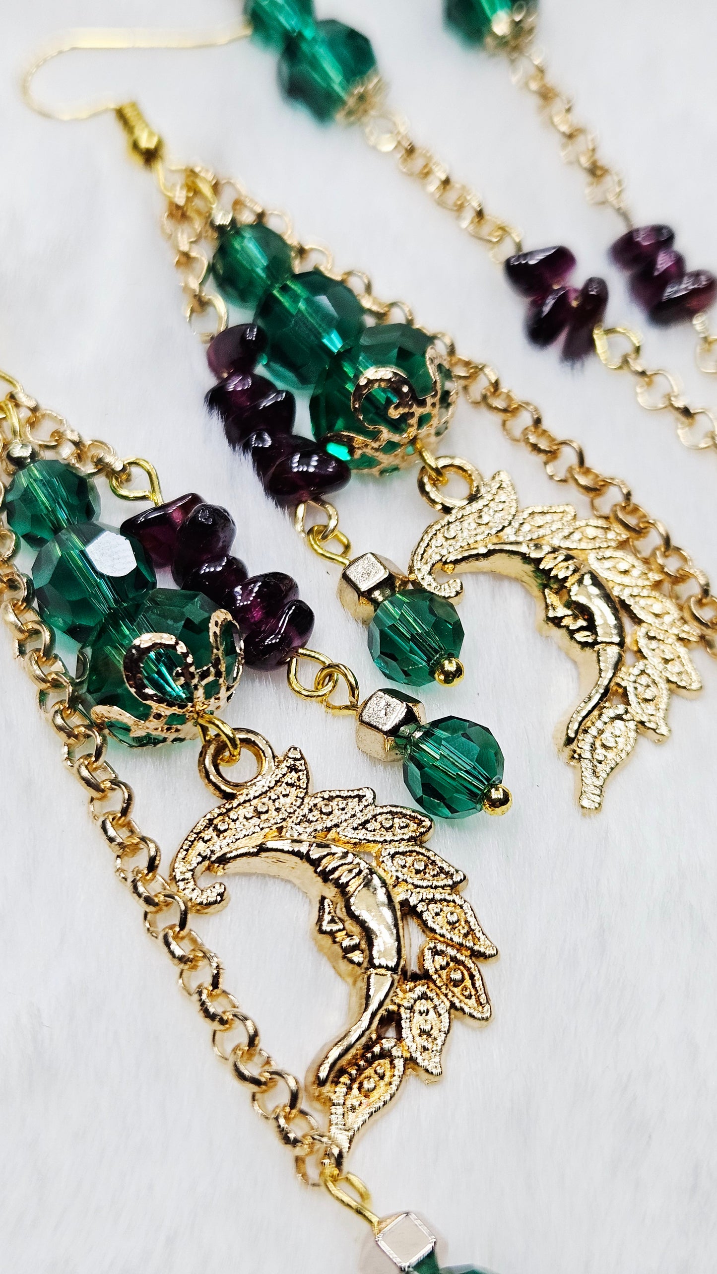Golden Paisley Moon Pendant Necklace and Earrings with Emerald Austrian Crystals and Amethyst Chips
