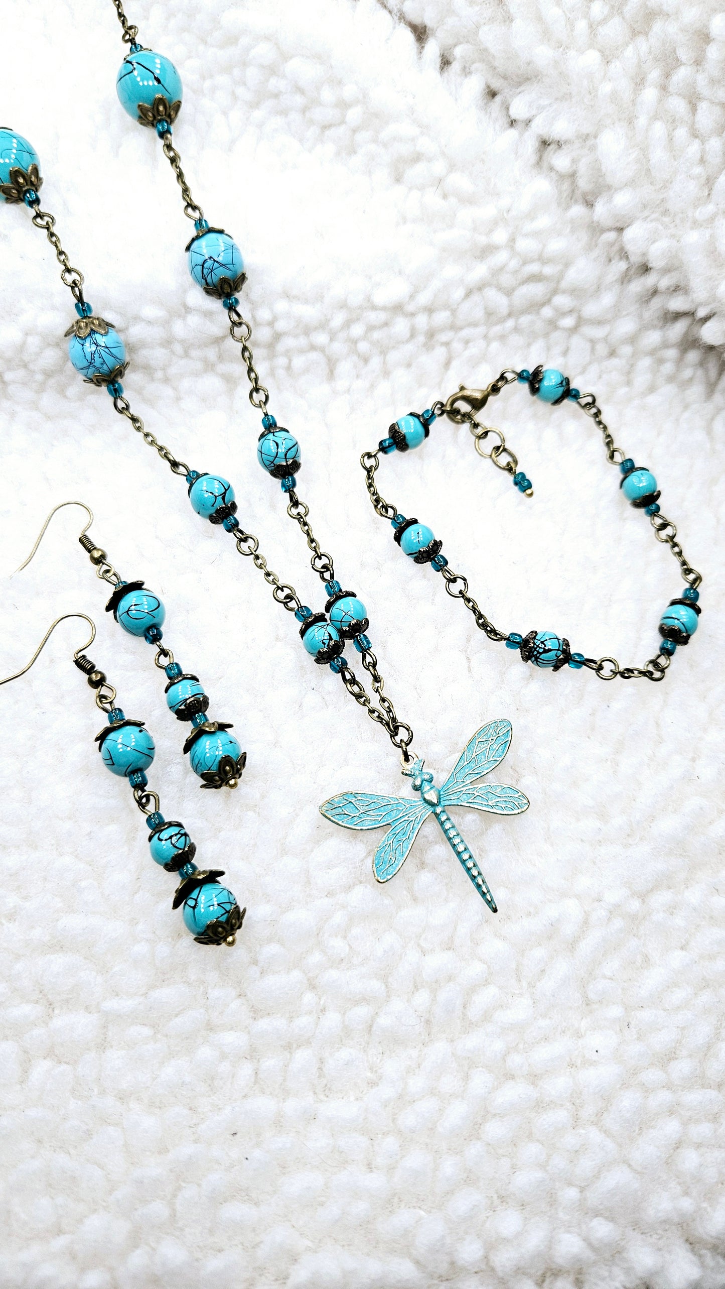 Blues & Brass Dragonfly Set - Pure Brass Dragonfly Pendant with matching Bracelet & Earrings