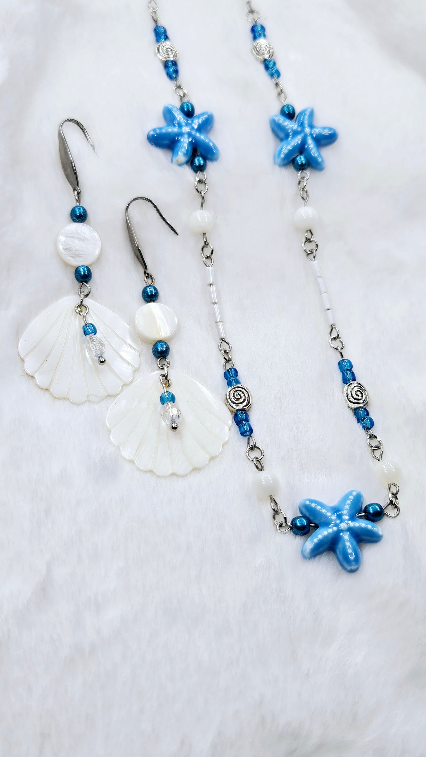 Caribbean Calm Set: Blue Starfish Pendant Necklace with Pearlescent Clam Shell Earrings