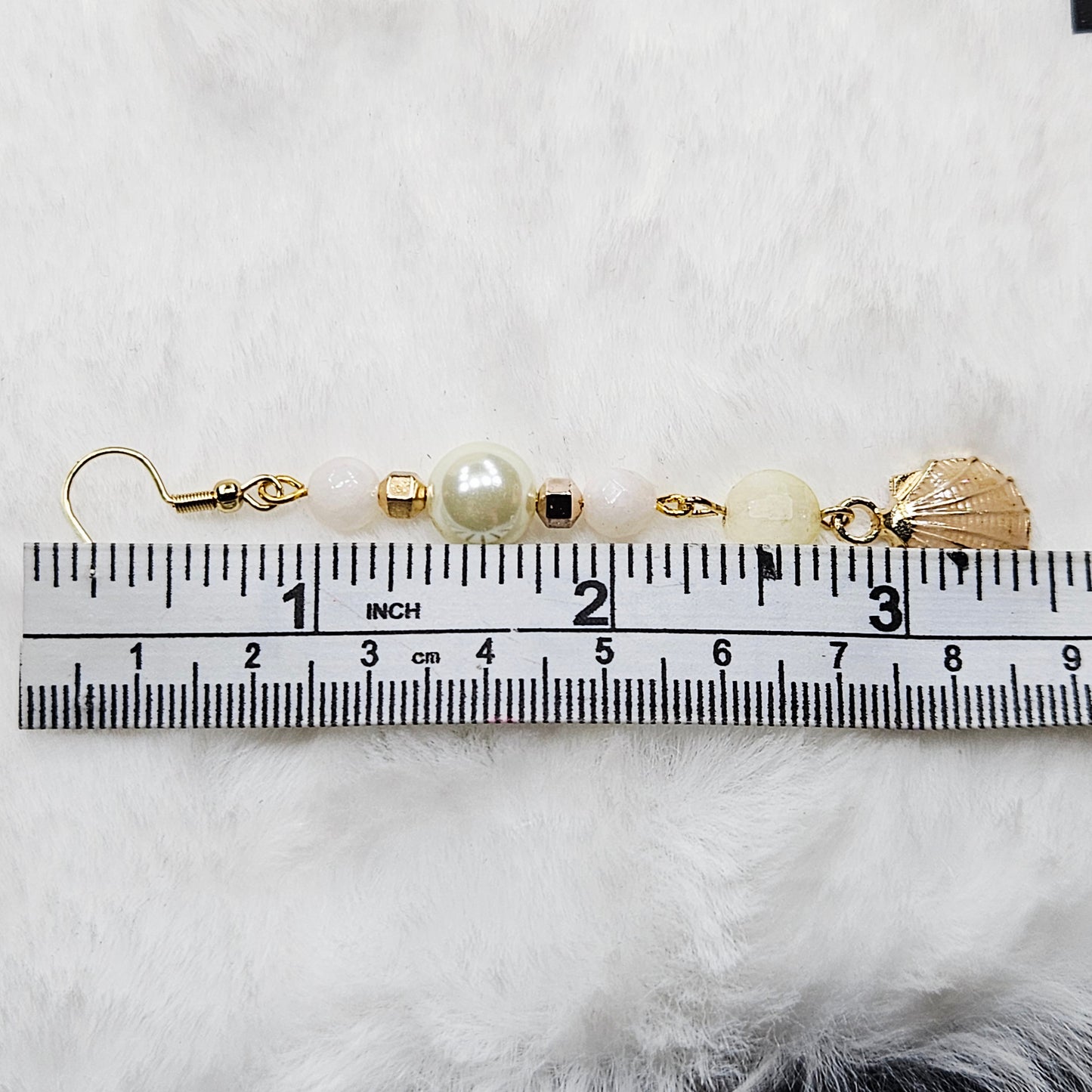 Long Beige Enamel Clamshell Earrings with Pearl and Quartz