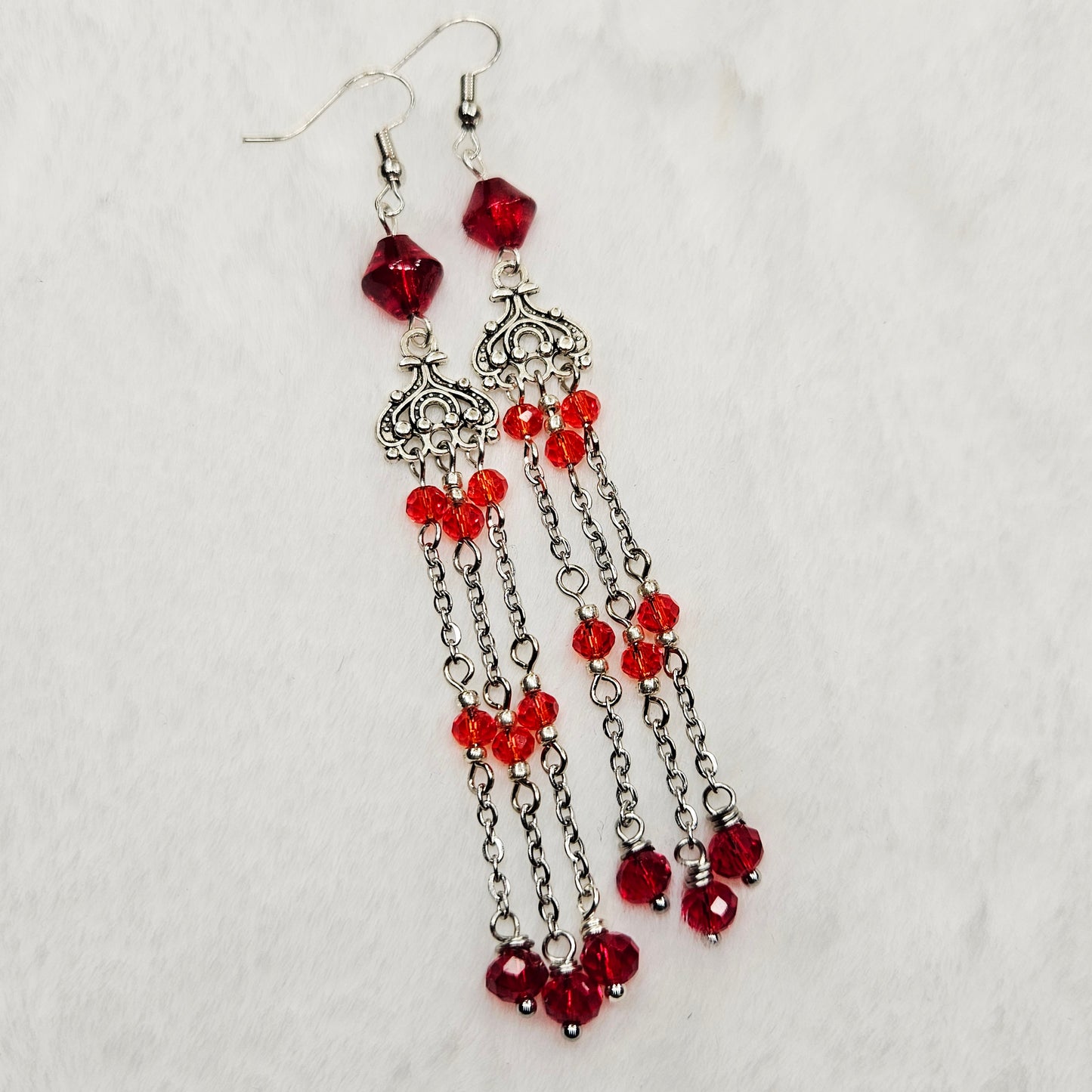 Long Red Crystal Micro Chandelier Earrings in Silver or Gold