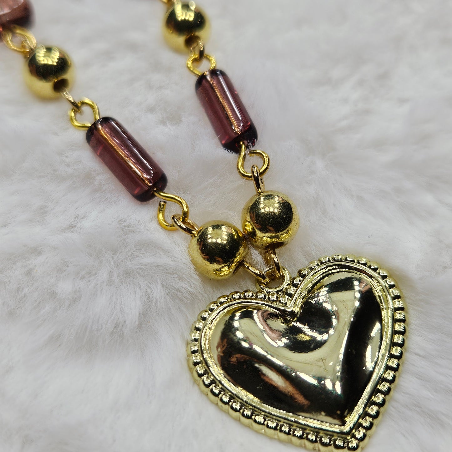 Gold Heart Pendant Necklace with Dark Mauve Glass Beaded Chain