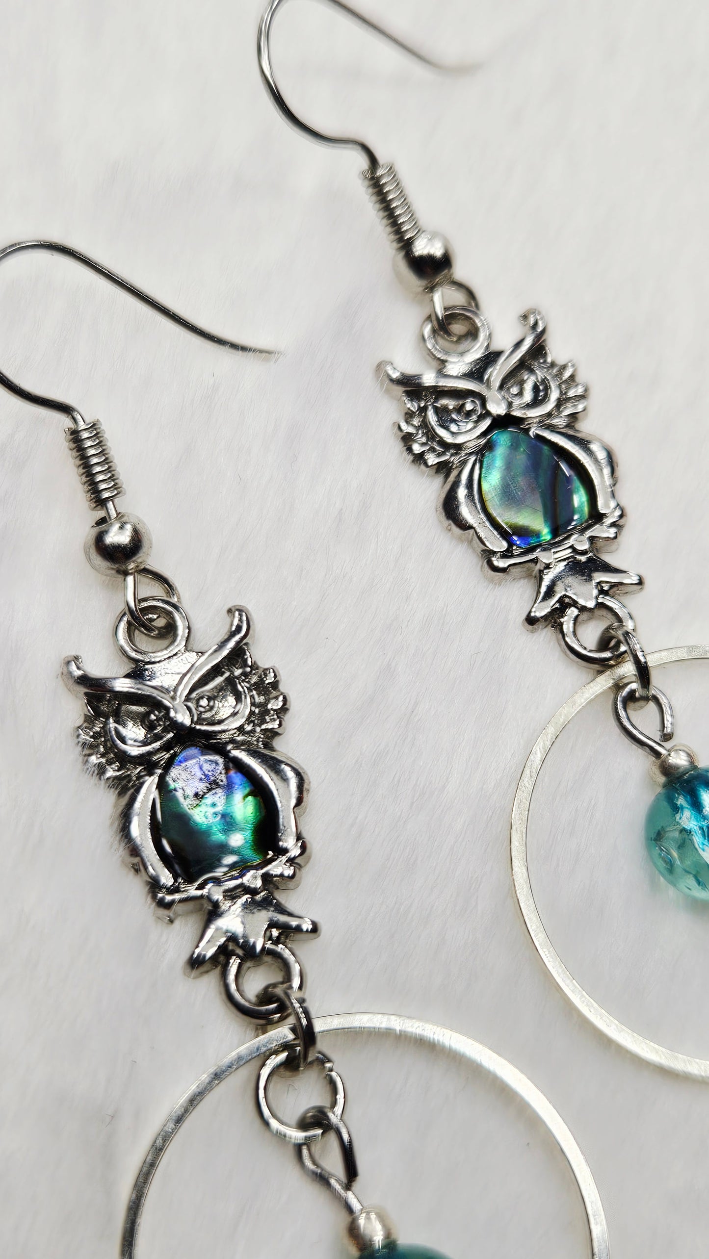 Abalone Owl Earrings with Silver Hoops and Crushed Blue Glass Dangles - 3"