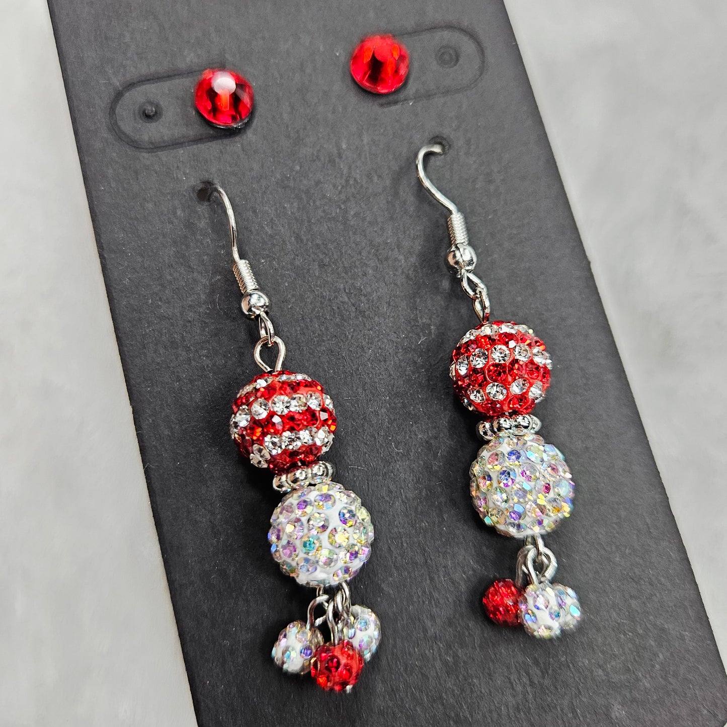 Super Sparkly Red and White Rhinestone Disco Ball Earrings with White or Red Studs