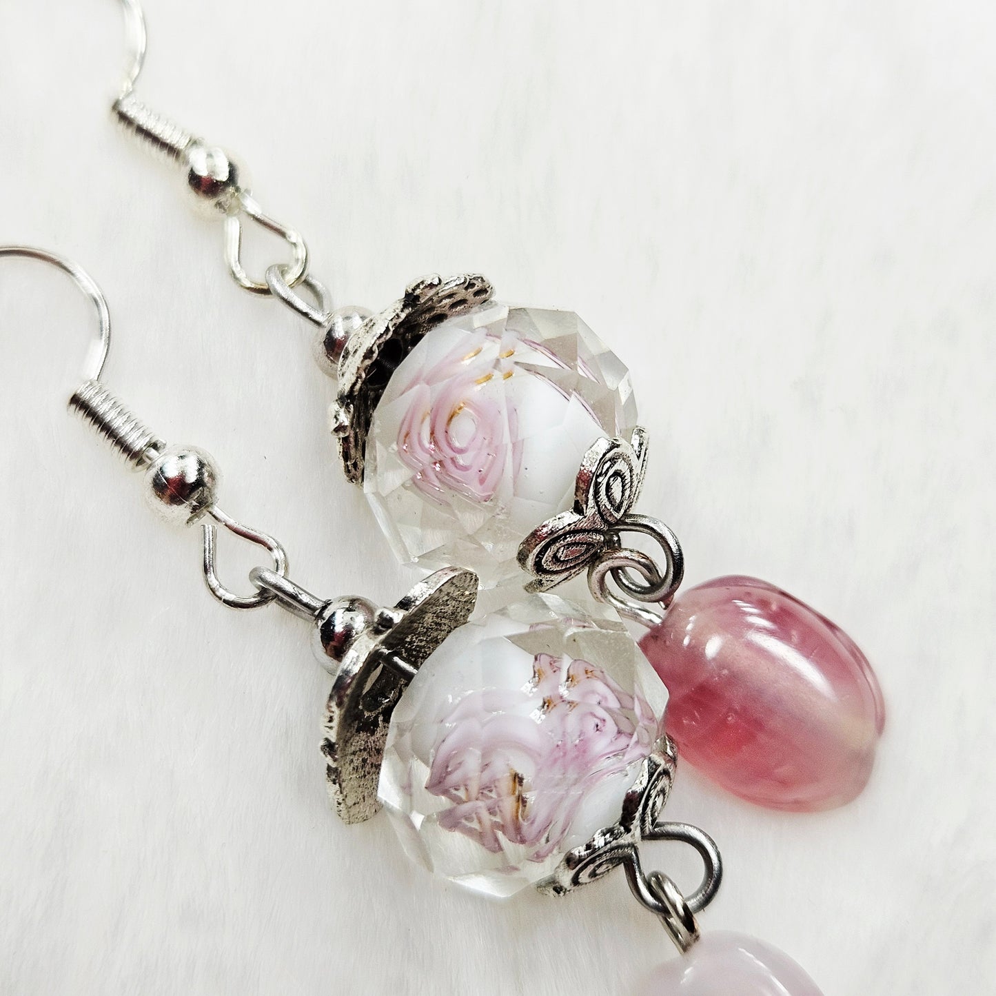 Hidden Flower Crystal Dangle Earrings with Pink Swirl Glass and Silver Flower Caps - 2"