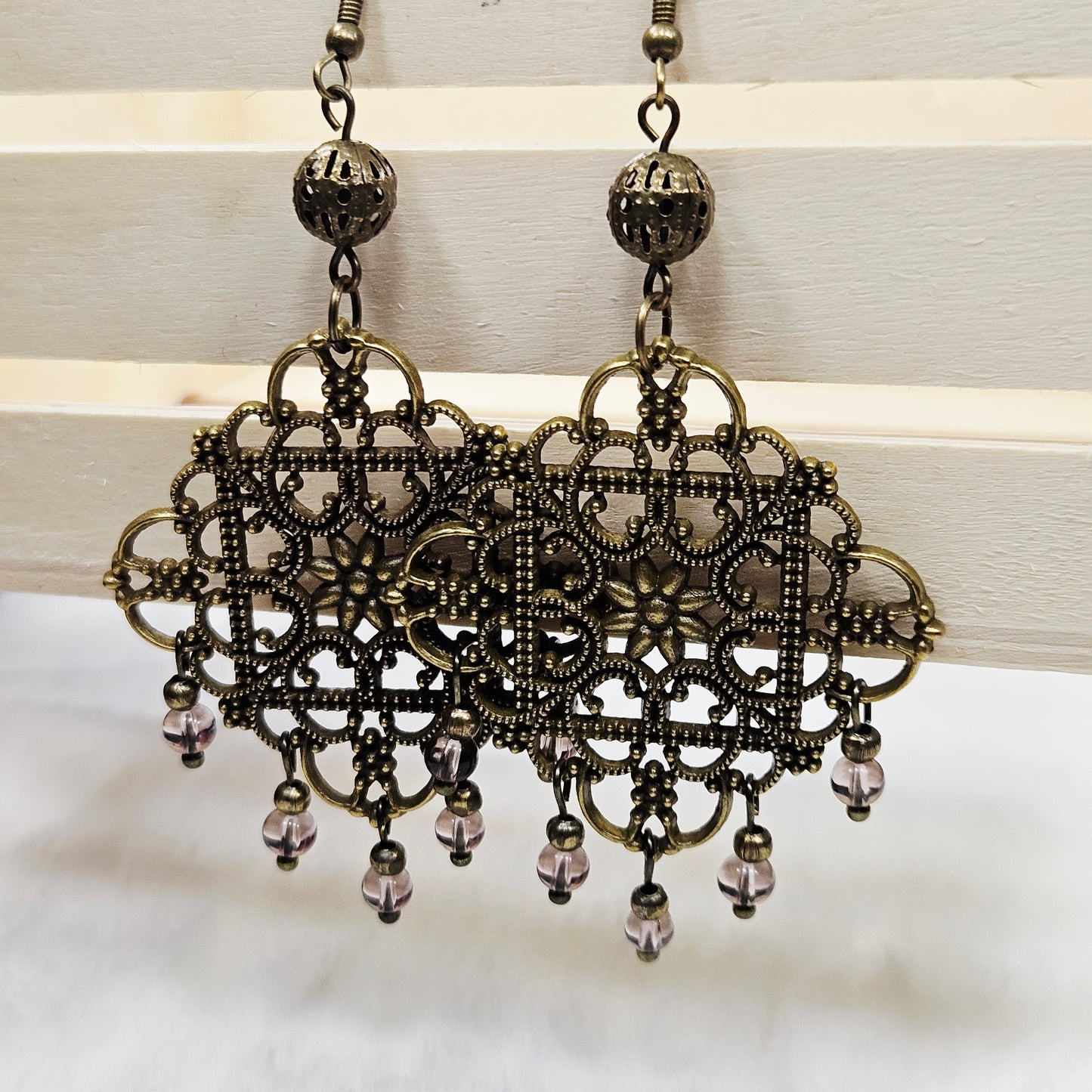 Square Antique Brass Tibetan Filigree Rhombus Chandelier Earrings with Smokey Dangles