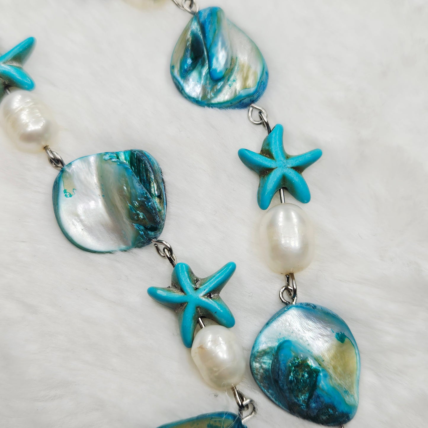 Turquoise Starfish Mother of Pearl Shells and Freshwater Pearl Necklace